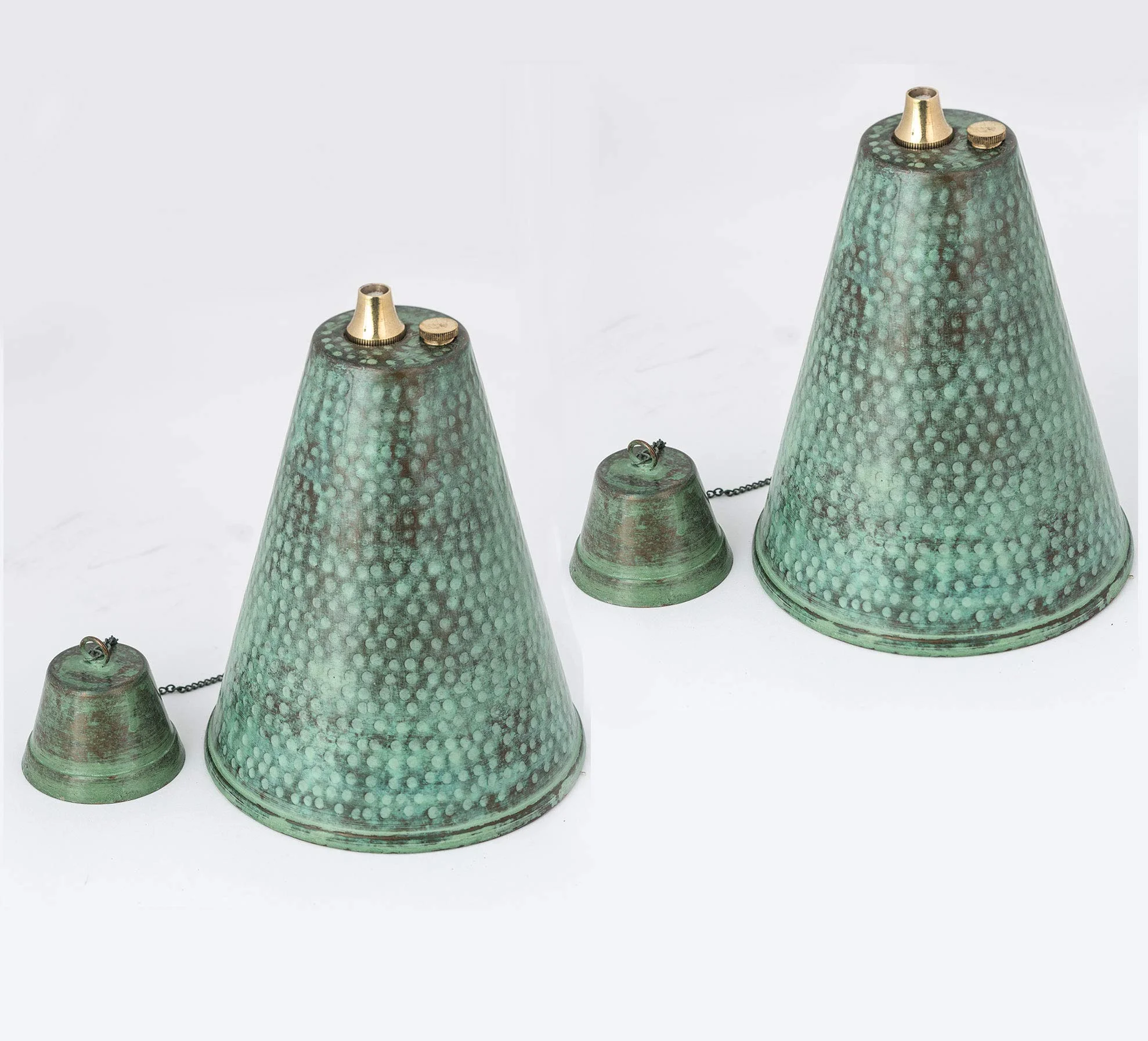 Hawaiian Cone Tabletop Oil Torch - Sophisticated Oil Lamp is Perfect as Centerpiece or Landscape Lighting - 60oz Bowl with Matching Snuffer and Fiberglass Wick, Set of 2 (Hammered Patina)