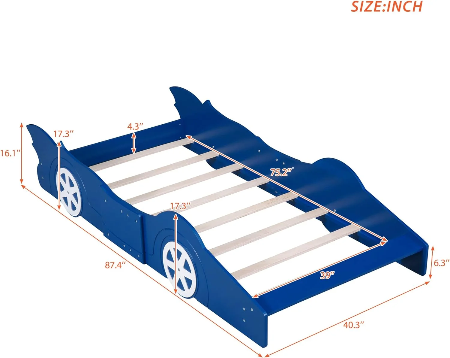 Size Race Car Shaped Platform Bed With Wheels, Wooden Platform Bed Frame With Support Slats, Car Bed For Kids Boys, No Box Spring Needed, Blue