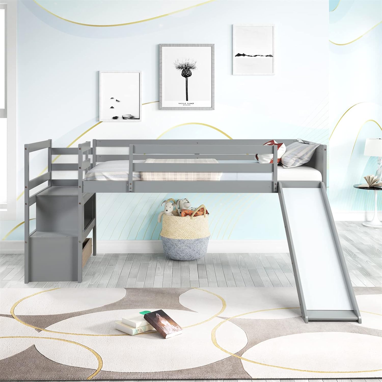 Low Loft Bed With Slide Ad Stairs Loft Bed With Storage Wood Bed Frame For Kids Tees Girls Boys， Gray