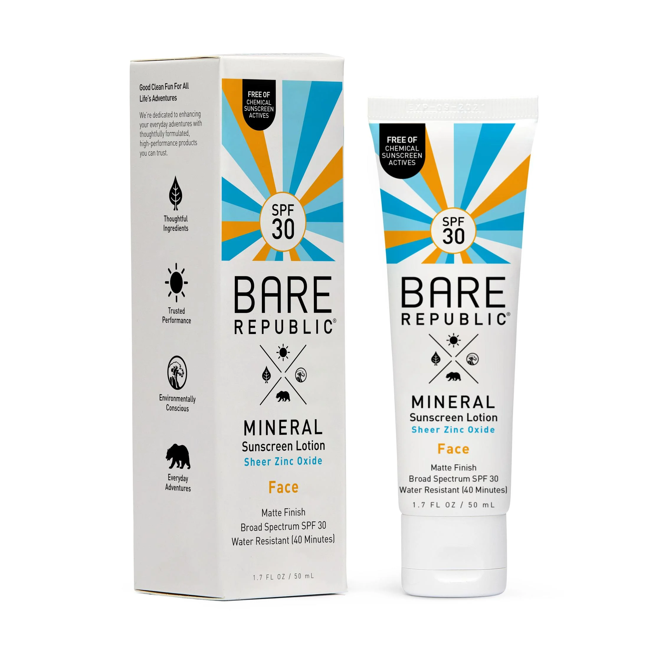 Bare Republic Mineral Face Sunscreen Lotion, Sheer Finish, SPF 30, Reef Friendly, Fragrance Free, 40 Minute Water Resistance, 1.7 OZ
