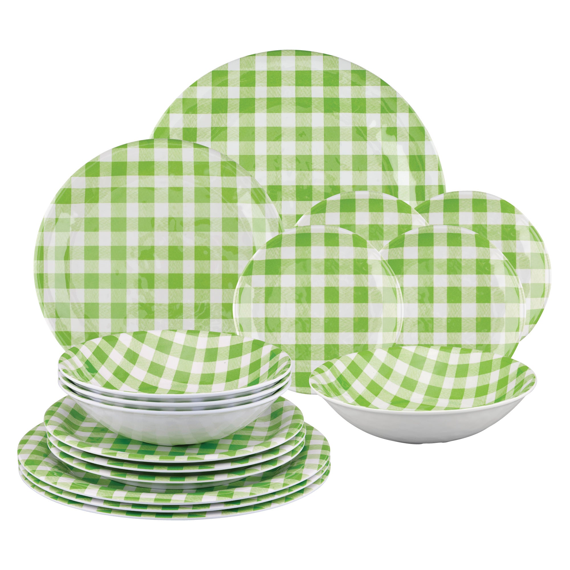 Gourmet Art 16-Piece Melamine Dinnerware Set, Includes Dinner Plates, Salad Plates, Dessert Plates, Bowls, Service for 4. (Green Gingham)