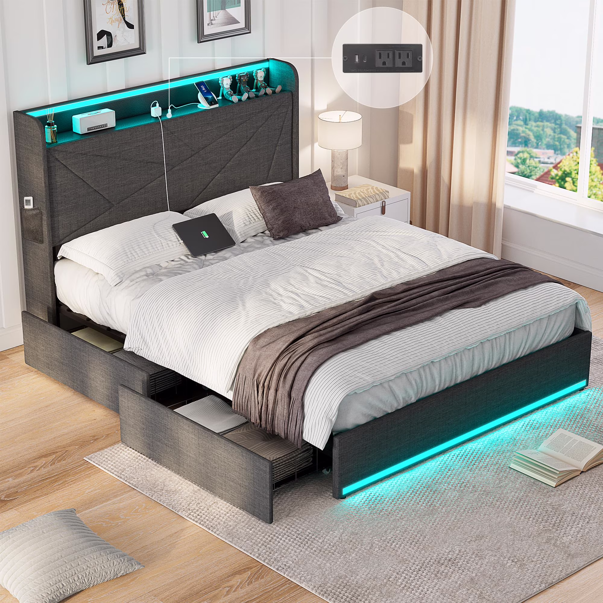 Full Size Bed Frame with Upholstered Headboard, 4 Storage Drawers, Metal Platform Bed Frame with LED Lights and Charge Station, Wooden Slats Support, Noise Free, No Box Spring Needed ( Full )