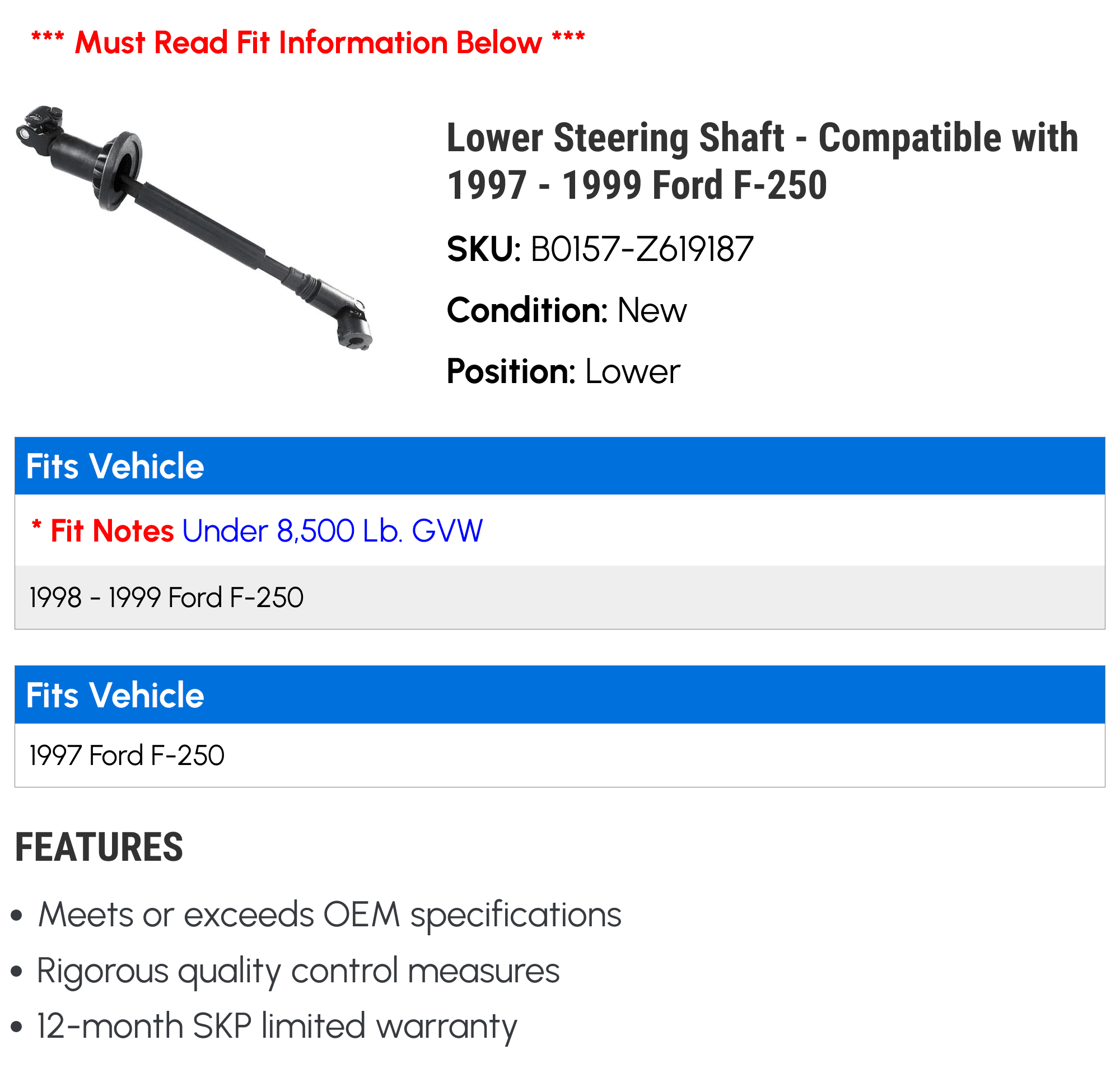Lower Steering Shaft - Compatible with 1997 - 1999 Ford F-250 1998