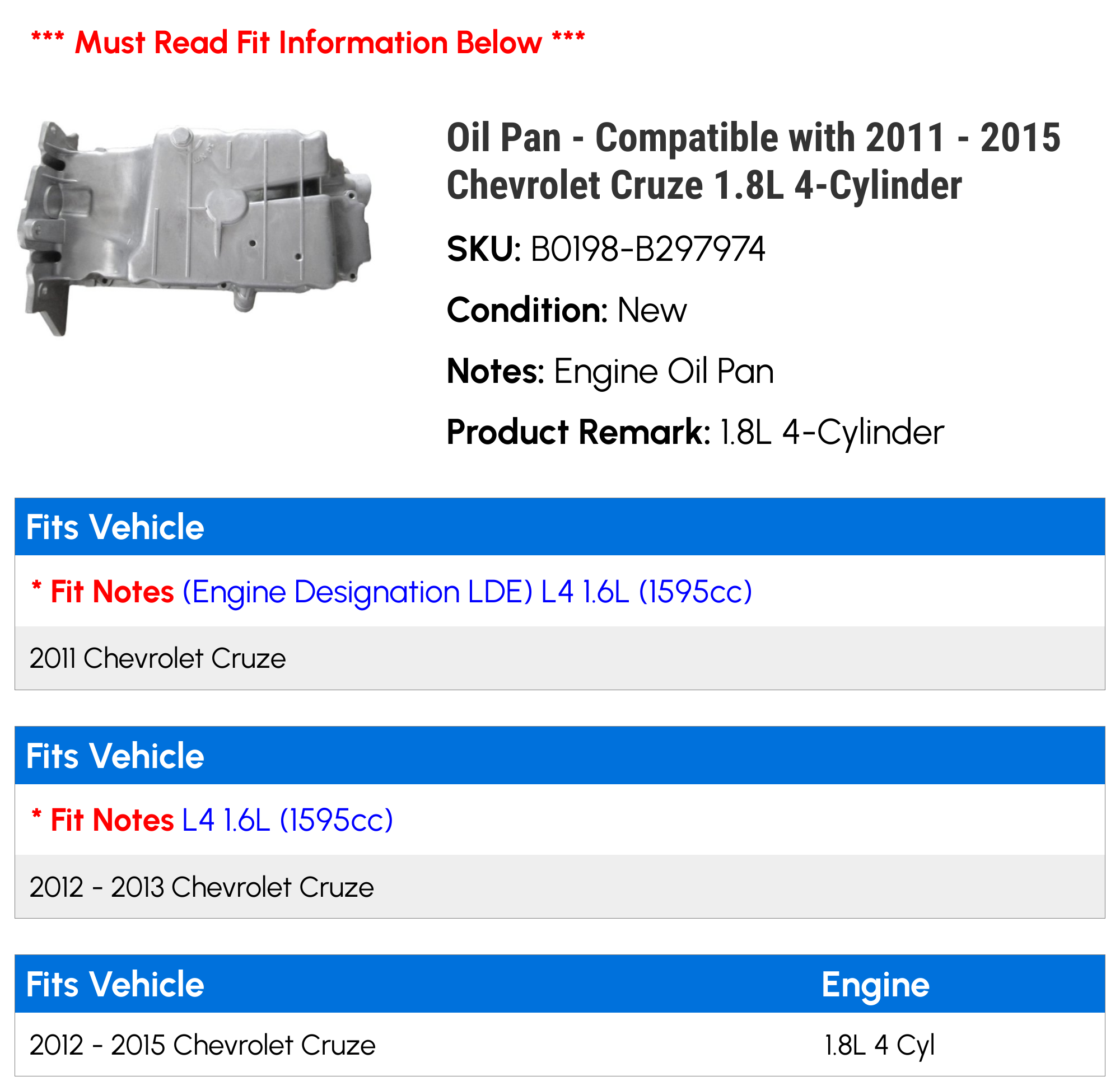 Oil Pan - Compatible with 2011 - 2015 Chevy Cruze 1.8L 4-Cylinder 2012 2013 2014