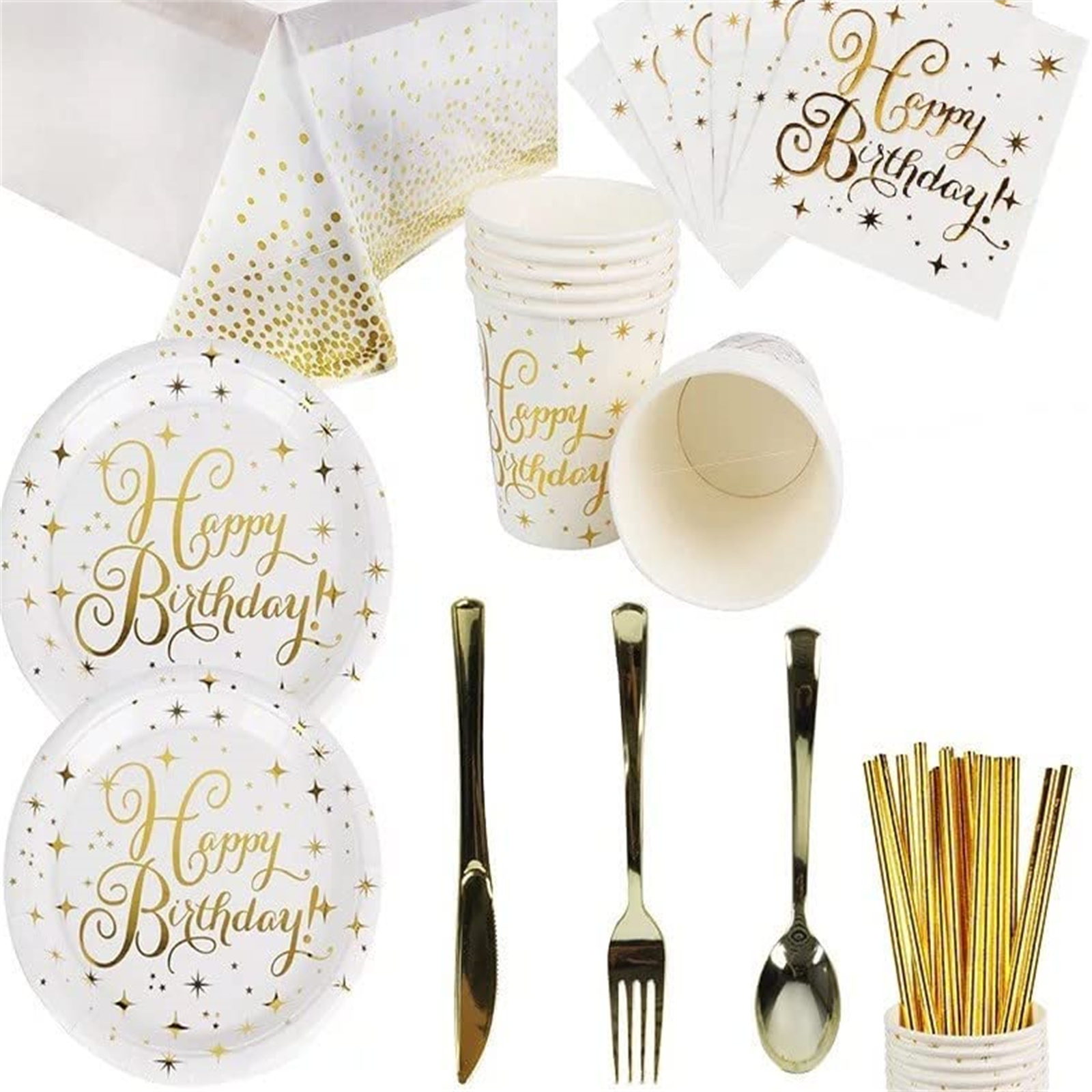 112PCS Bronzing Gold Happy Birthday Paper Plates Party Supplies Pack Disposable Tableware Set for Kids Serves 16 Guests Include Plates, Cups, Napkins, Forks, Knives, Spoons