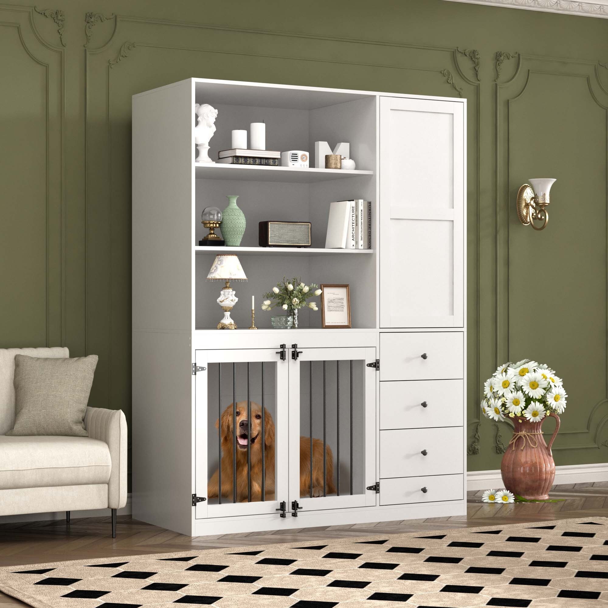 Indoor Dog Crate Furniture with Shelves & Drawers & Dog Bowl, 70.9