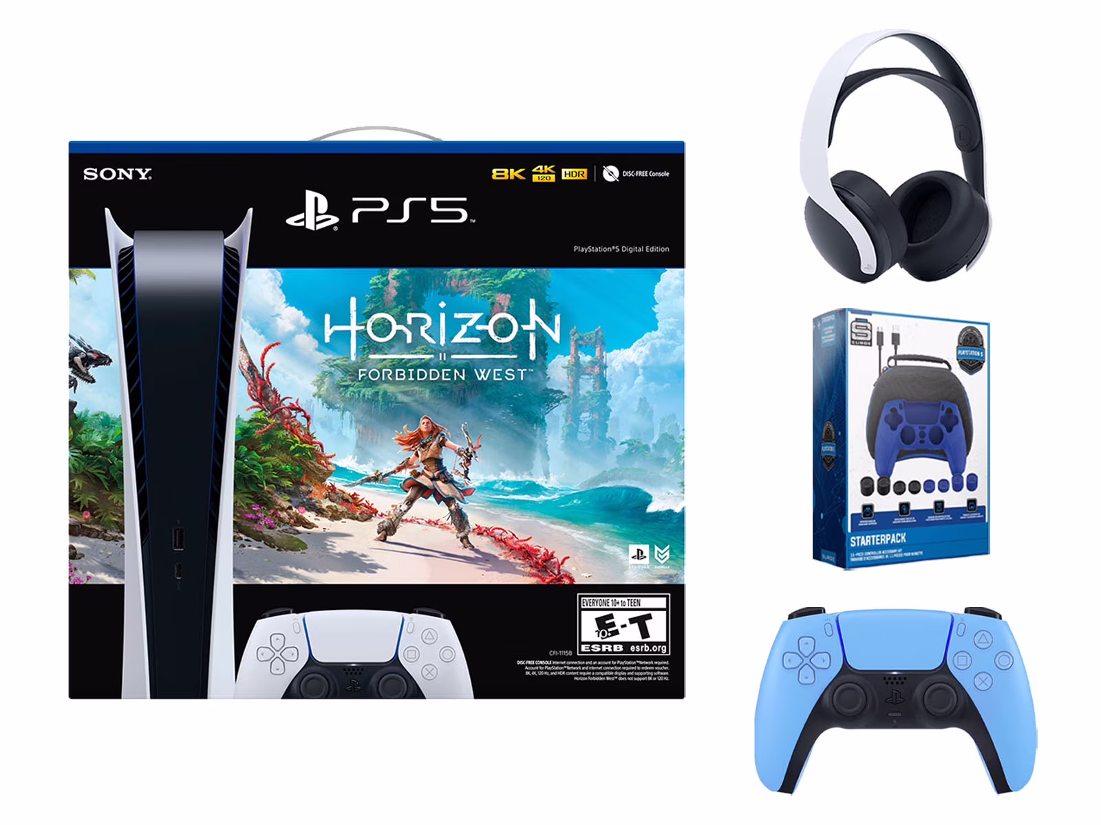 Sony Playstation 5 Digital Edition Horizon Forbidden West Bundle with Extra Blue Controller, White PULSE 3D Wireless Headset and Surge Pro Gamer Starter Pack 11-Piece Accessory Kit