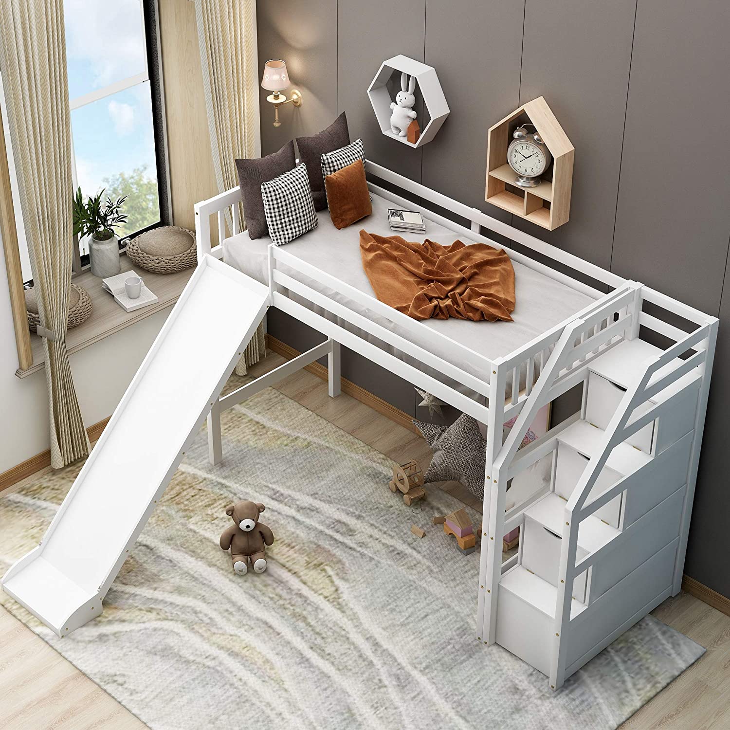 Loft Bed With Slide, Size Loft Bed With Storage, Wood Loft Bed Frame For Bedroom, Home Furniture, Espresso