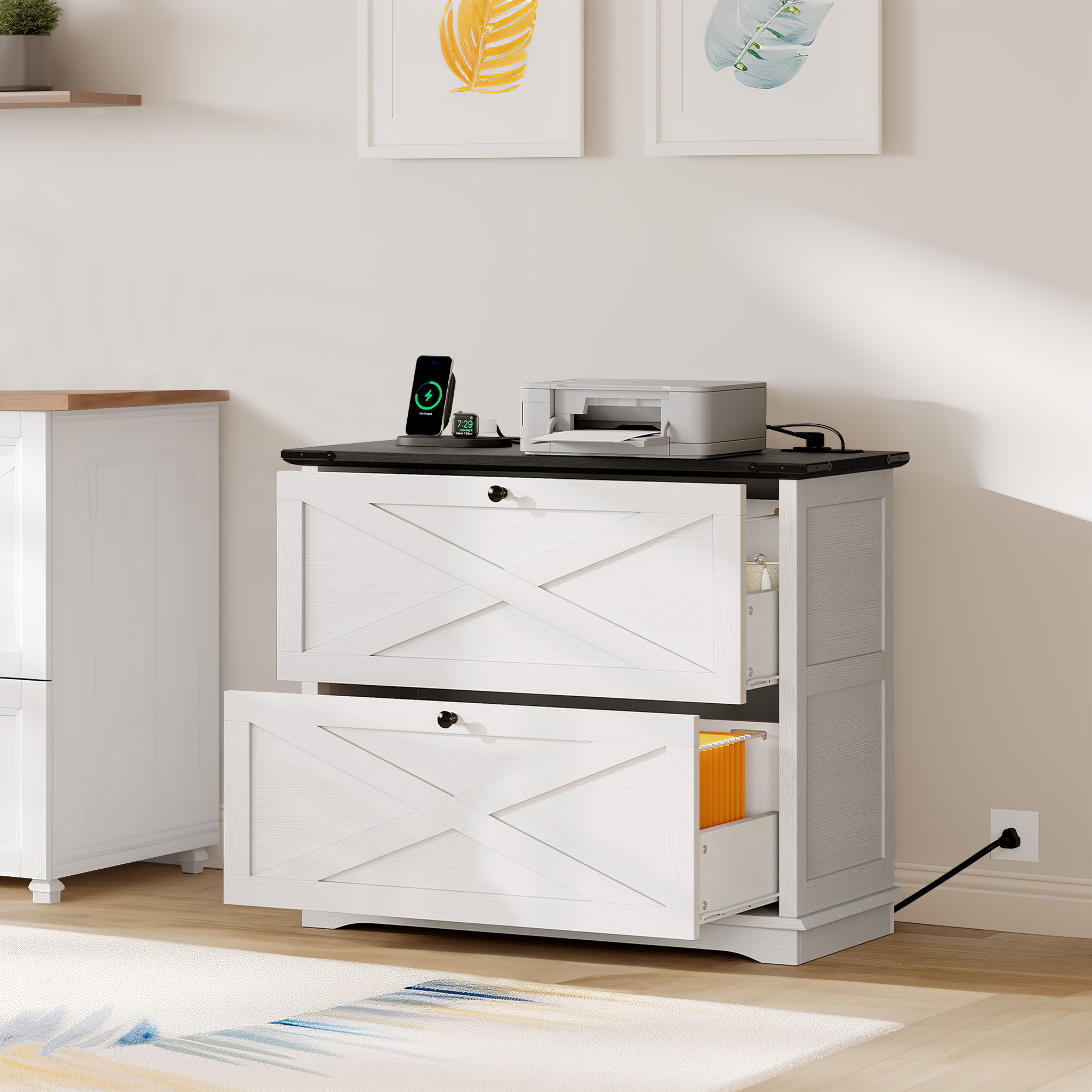 Dextrus Farmhouse Wood File Cabinet with Charging Station, 2 Drawer Filing Cabinet for Legal Letter A4 F4 Size for Home Office, White