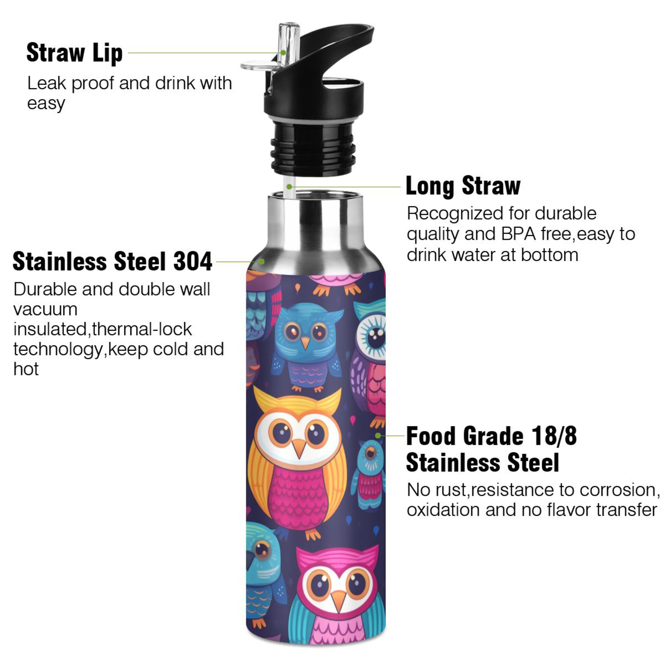 Owls Water Bottles Insulated Thermos Kids Stainless Steel Bottle with Straw Lid Flask Leakproof for Sports Gym 20 oz