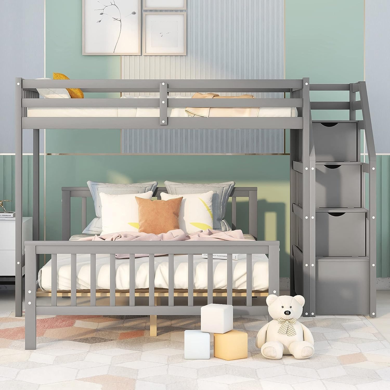 Over Full Bunk Beds With Storage Stairs, Wooden Stairway Bunk Beds With Removable Bottom Bed And Guardrails For Kids Girls Boys,No Box Spring Needed (Grey)