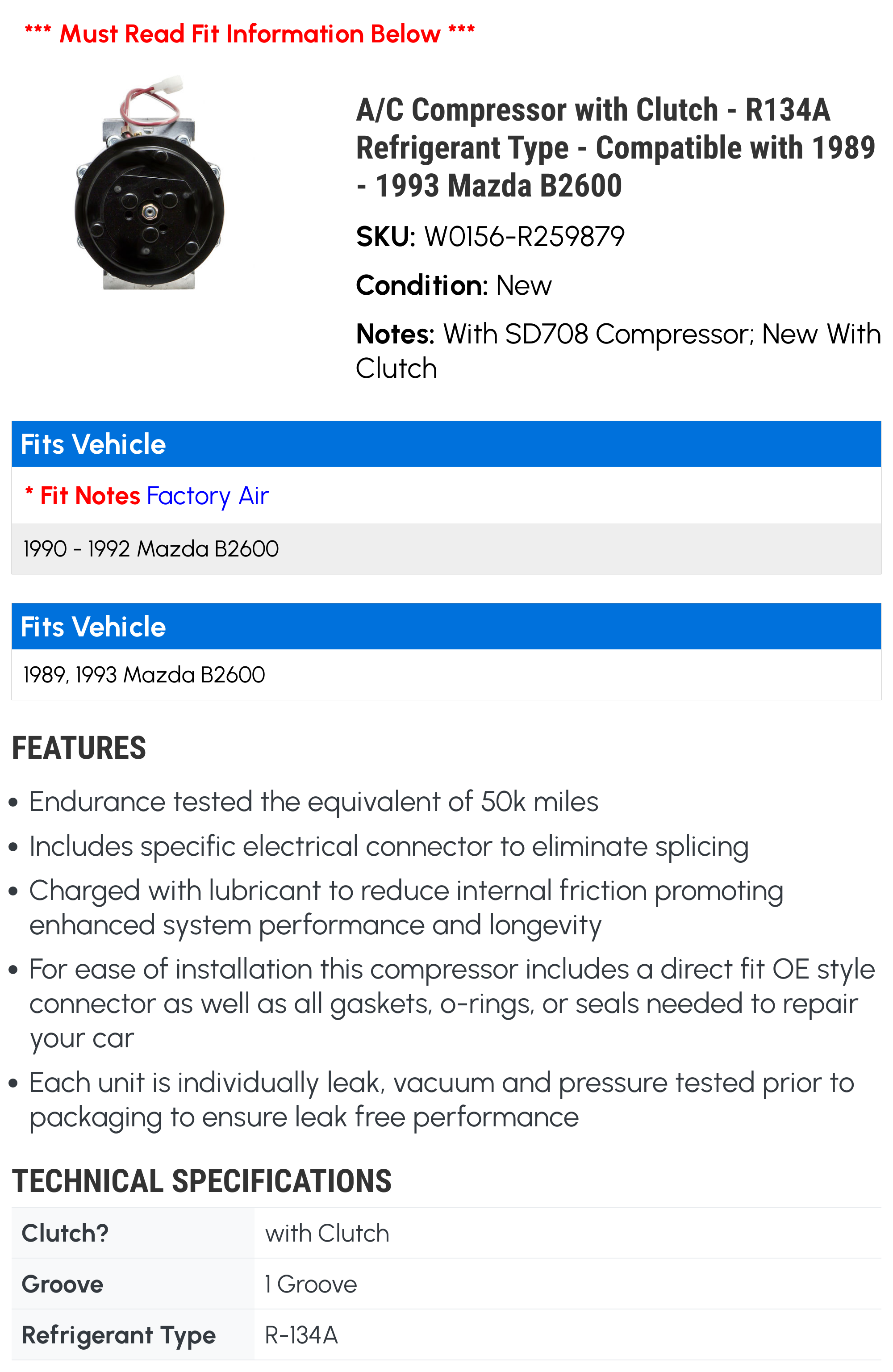 A/C Compressor with Clutch - R134A Type - Compatible with 1989 - 1993 Mazda B2600 1990 1991 1992