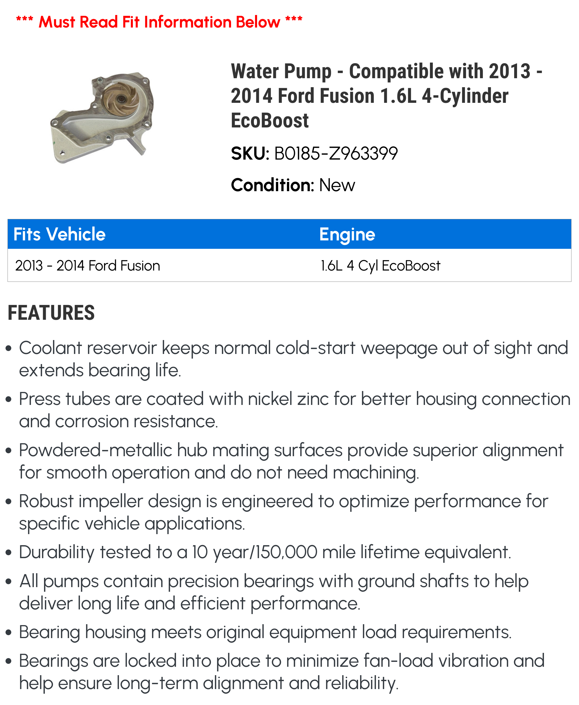 Water Pump - Compatible with 2013 - 2014 Ford Fusion 1.6L 4-Cylinder E.c.o.b.o.o.s.t