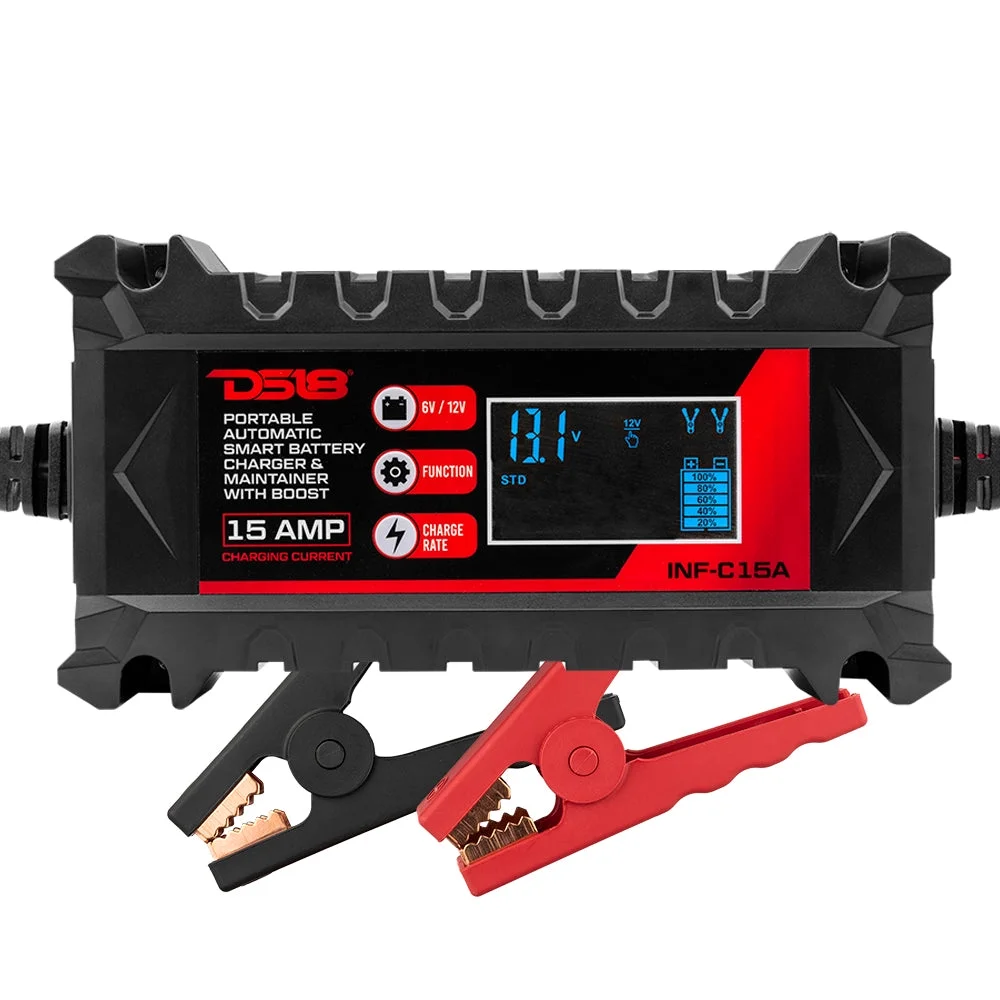 DS18 INF-C15A 6V/12V Portable Automatic Smart Lithium and AGM Car Battery Charger & Maintainer with Boost 15A