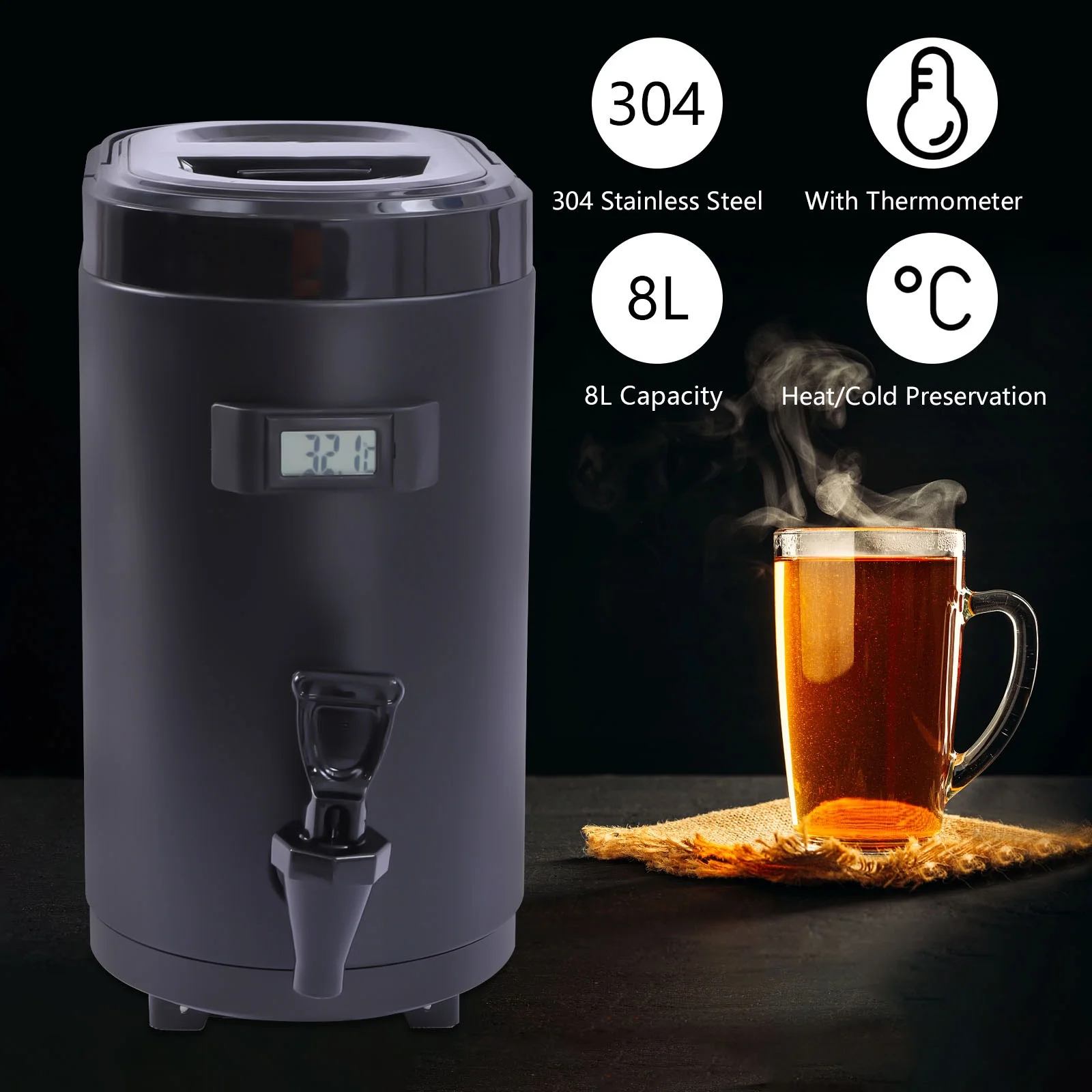 Miumaeov Insulated Beverage Dispenser – Food-grade 304 Stainless Steel Insulated Thermal Hot and Cold Beverage Dispenser with Thermometer (8L-Oval Black)