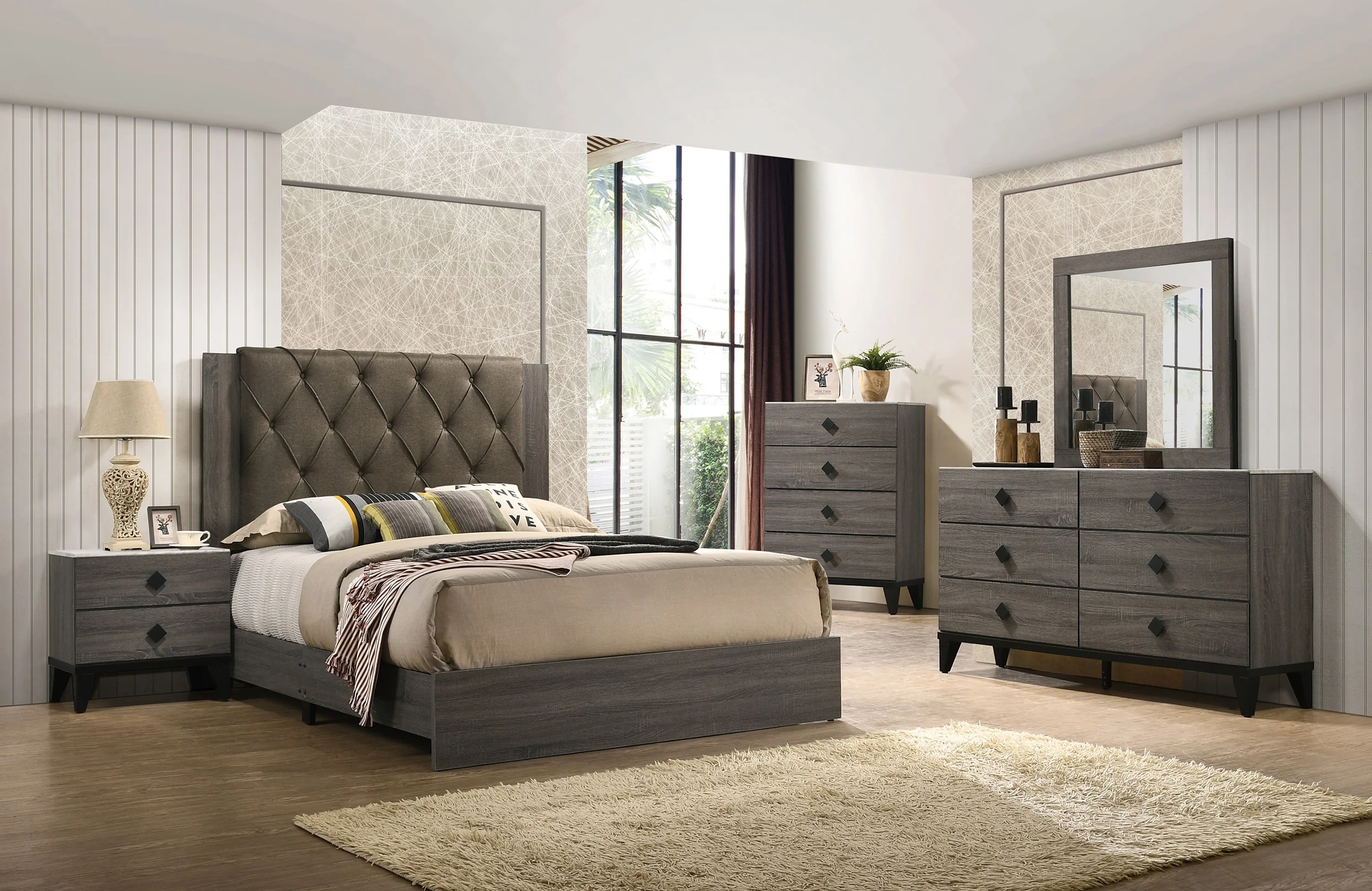 Wooden And Upholstered Tufted Headboard Cal King Size Bed Dresser Mirror Nightstand Unique drawers Handles 4pc Bedroom Furniture