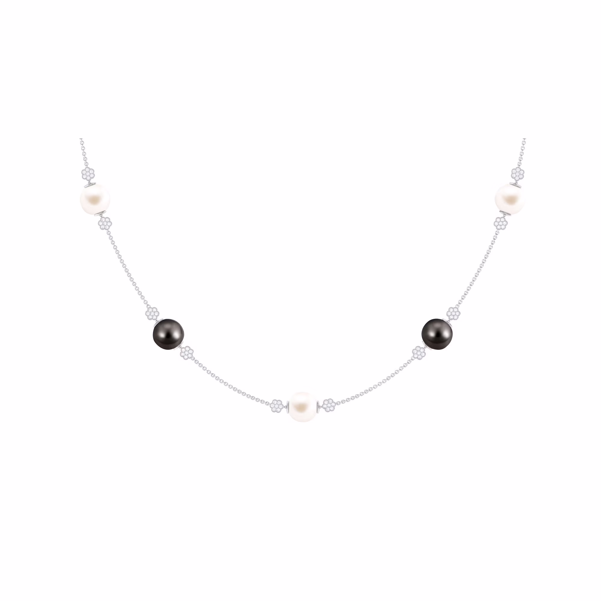 Black and White Pearl Chain Necklace with Moissanite, Nature Inspired Station Chain, 10K White Gold