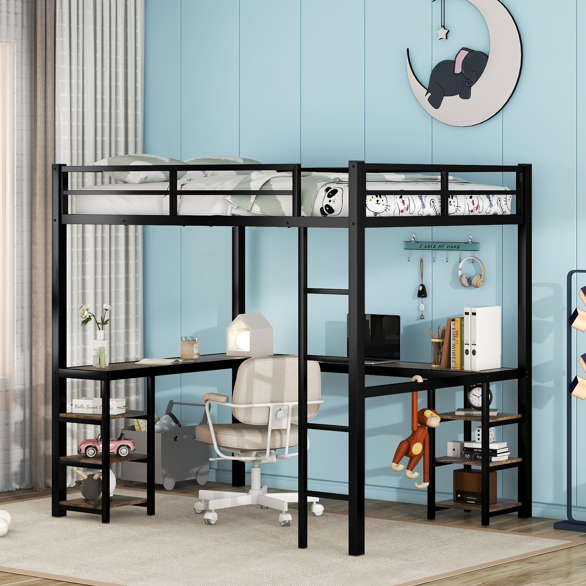 Bellemave Metal Full Size Loft Bed with L-shaped Desk for Kid Teens, 6-Shelves/Full-Length Guardrail/Stairs,Kids Loft Bed for Bedroom ,Black