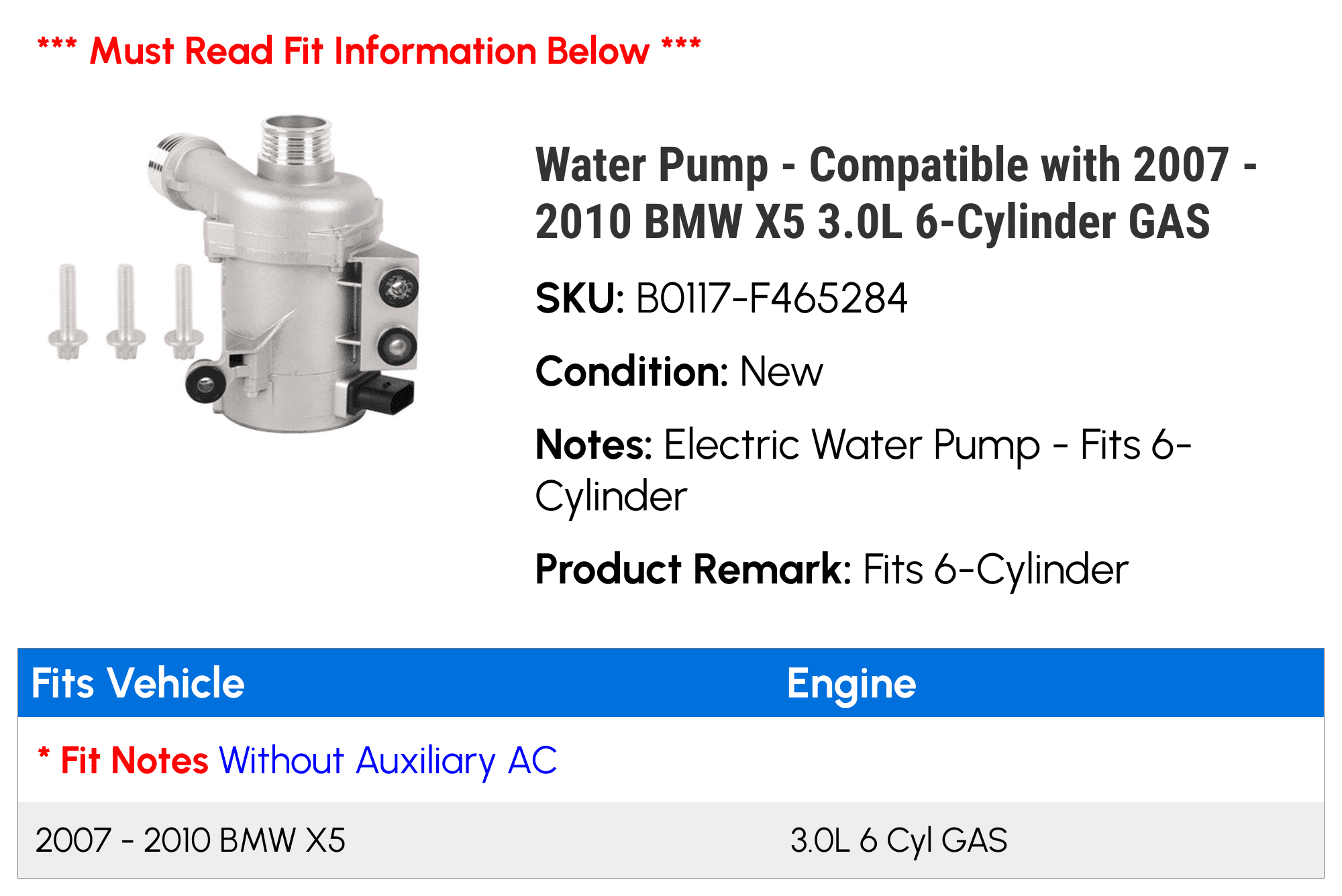 Water Pump - Compatible with 2007 - 2010 BMW X5 3.0L 6-Cylinder GAS 2008 2009