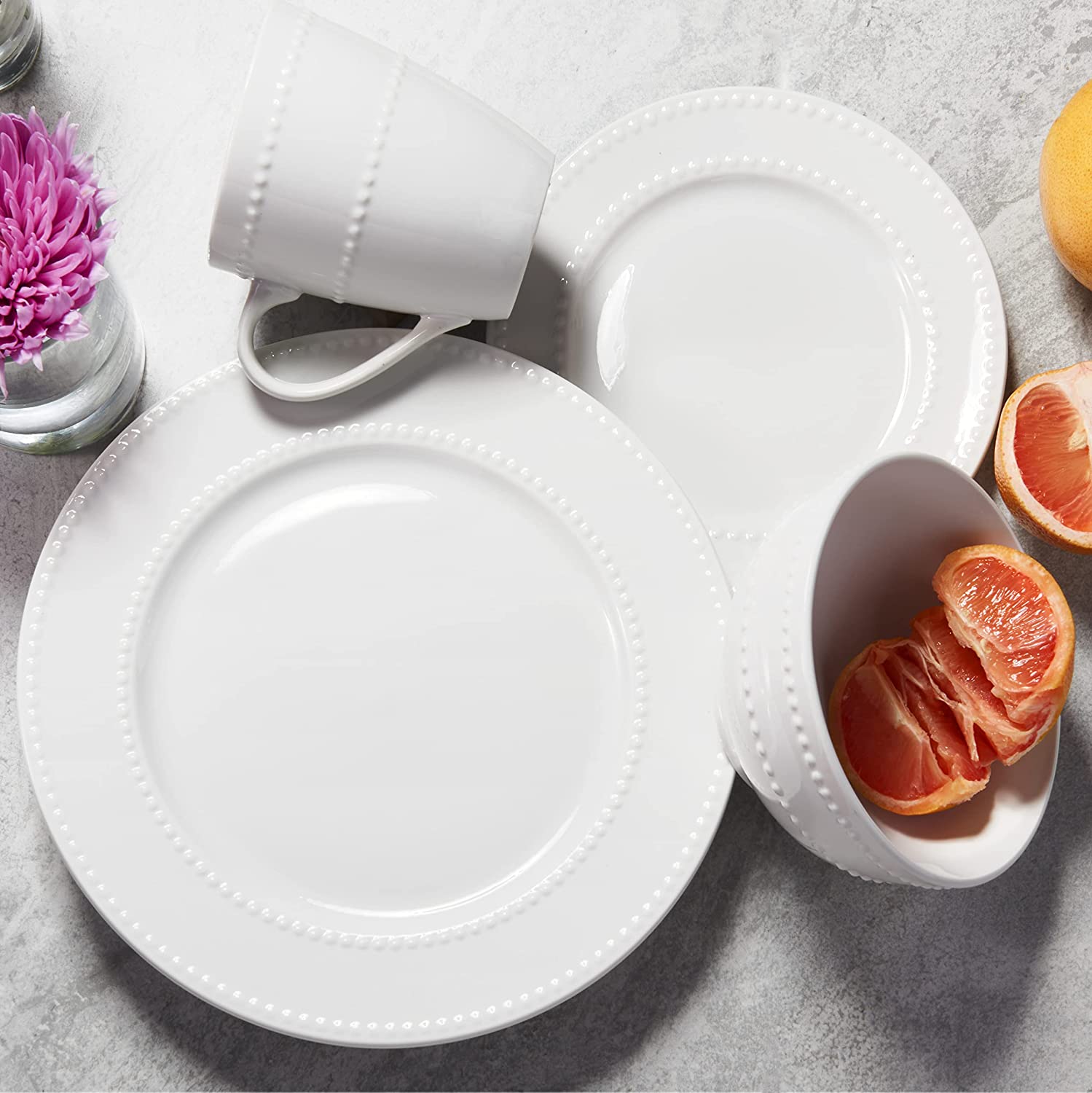 RUO Darcie Round Dinnerware Set – 16-Piece Porcelain Dinner Set w/ 4 Dinner Plates, 4 Salad Plates, 4 Bowls & 4 Mugs, Darcie White, 7858-16-RB