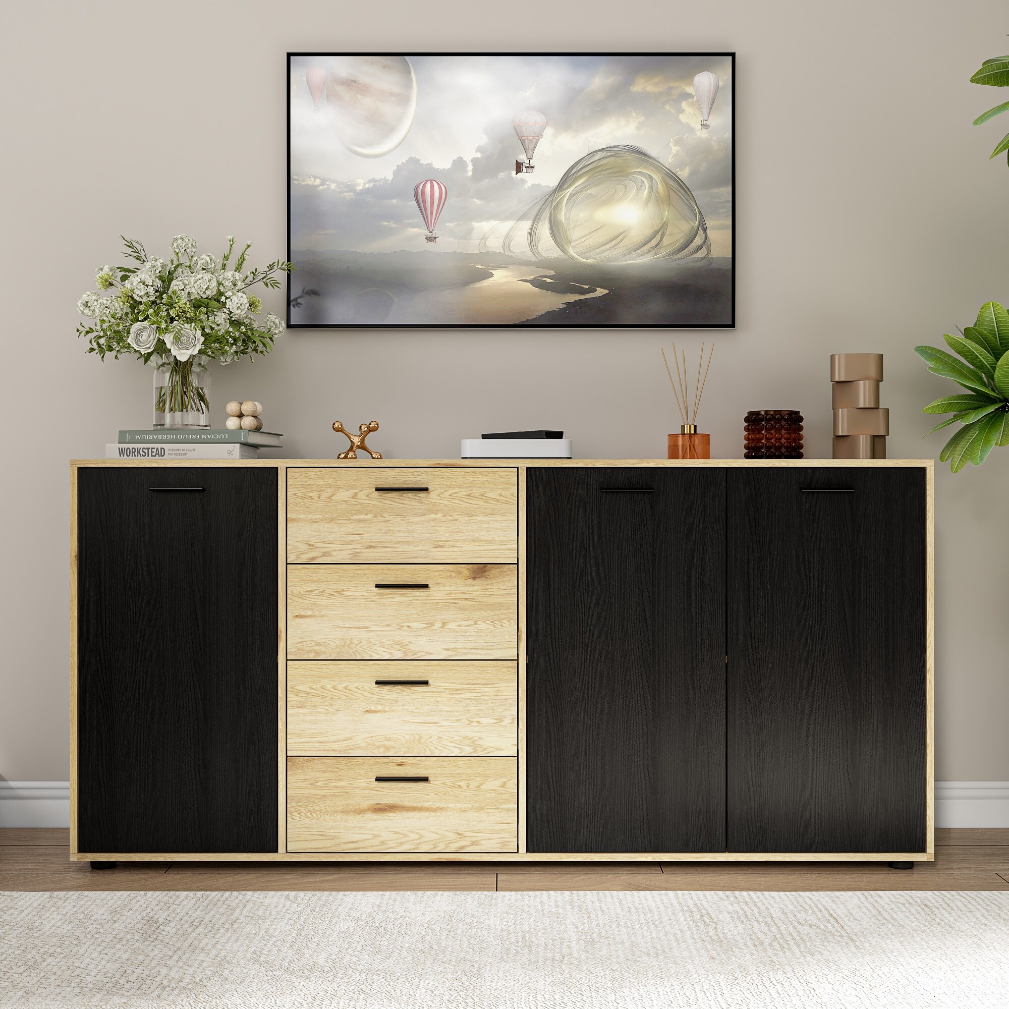 Versatile Wood Grain Sideboard Cabinet w/Black Metal Handles Dresser