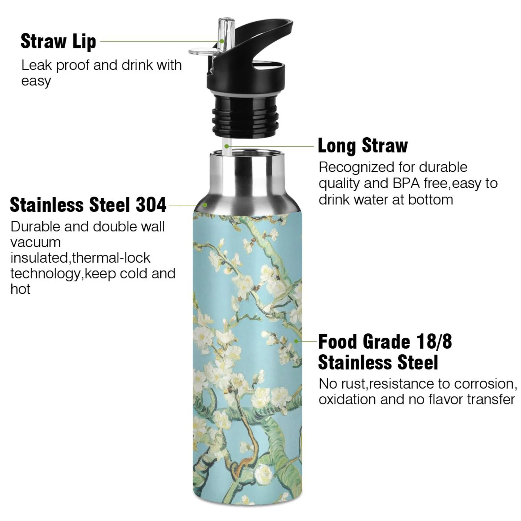 Abstract Flowers Branch Water Bottles Insulated Thermos Kids Stainless Steel Bottle with Straw Lid Flask Leakproof for Sports Gym 20 oz