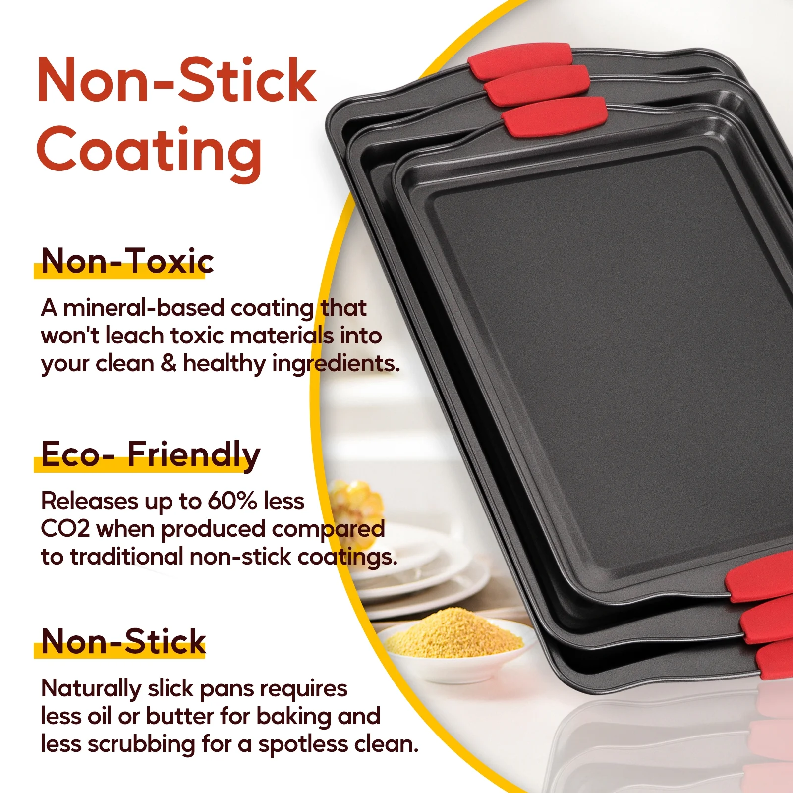 Katbite Nonstick Bakeware Set 3 Piece Set Nonstick Carbon Steel Oven Bakeware Kitchen Set with Silicone Handles,Baking Pan,Black