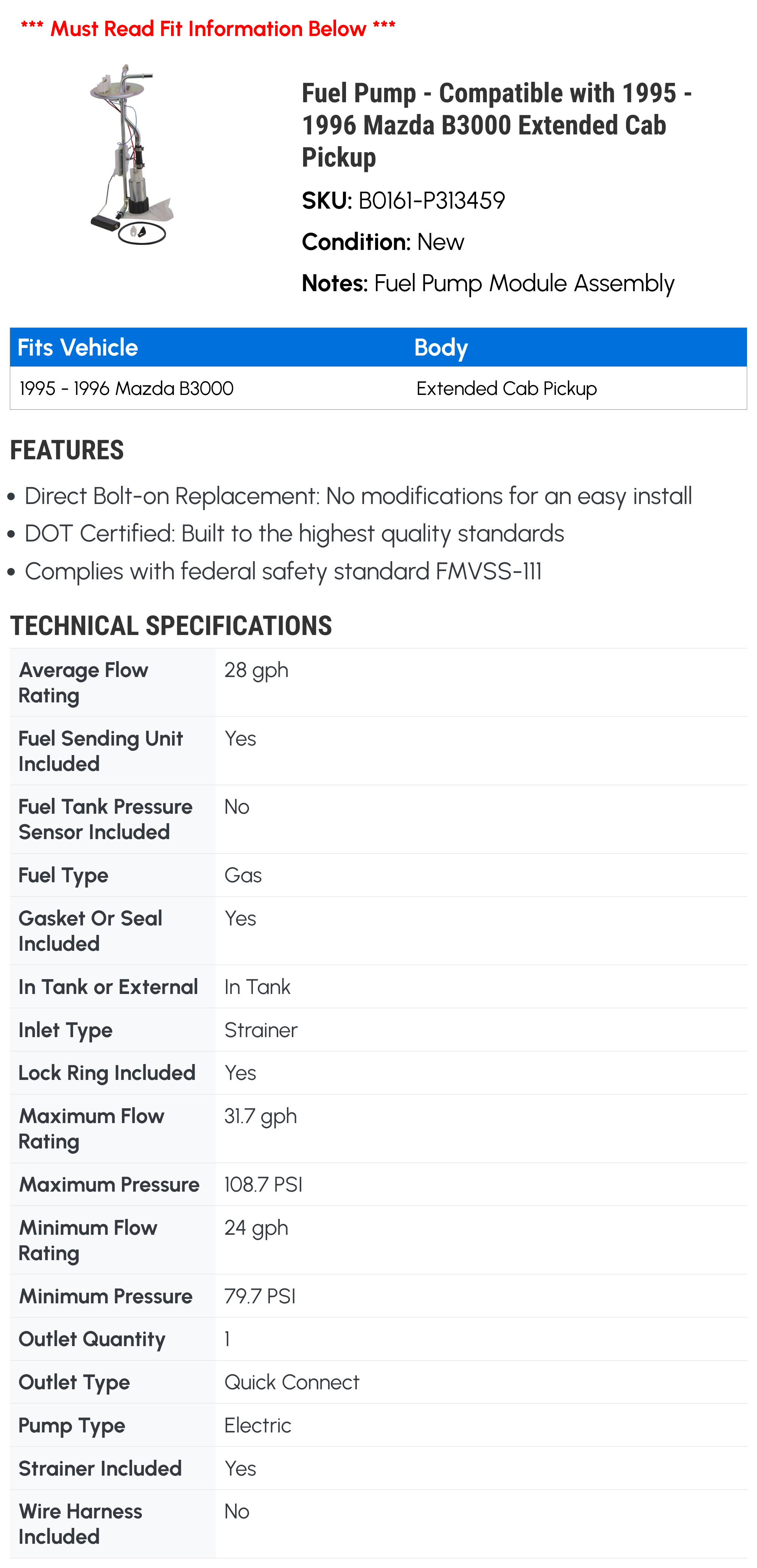 Fuel Pump - Compatible with 1995 - 1996 Mazda B3000 Extended Cab Pickup