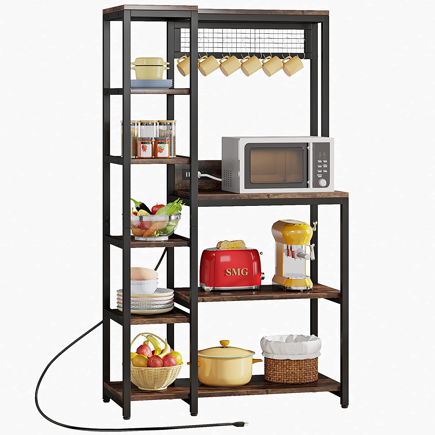 DIQIN Kitchen Baker’s Rack with Power Outlets, Freestanding Kitchen Shelf Organizer, Microwave Oven Stand, Stable 1, Rustic Brown