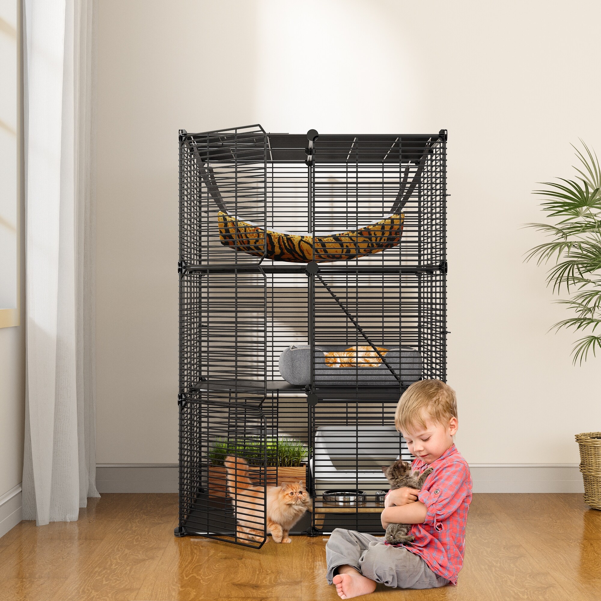 Cat Cage Indoor Cat Enclosures DIY Cat Playpen Metal Kennel with Extra Large Hammock for 1-2 Cats, Ferret, Small Animals