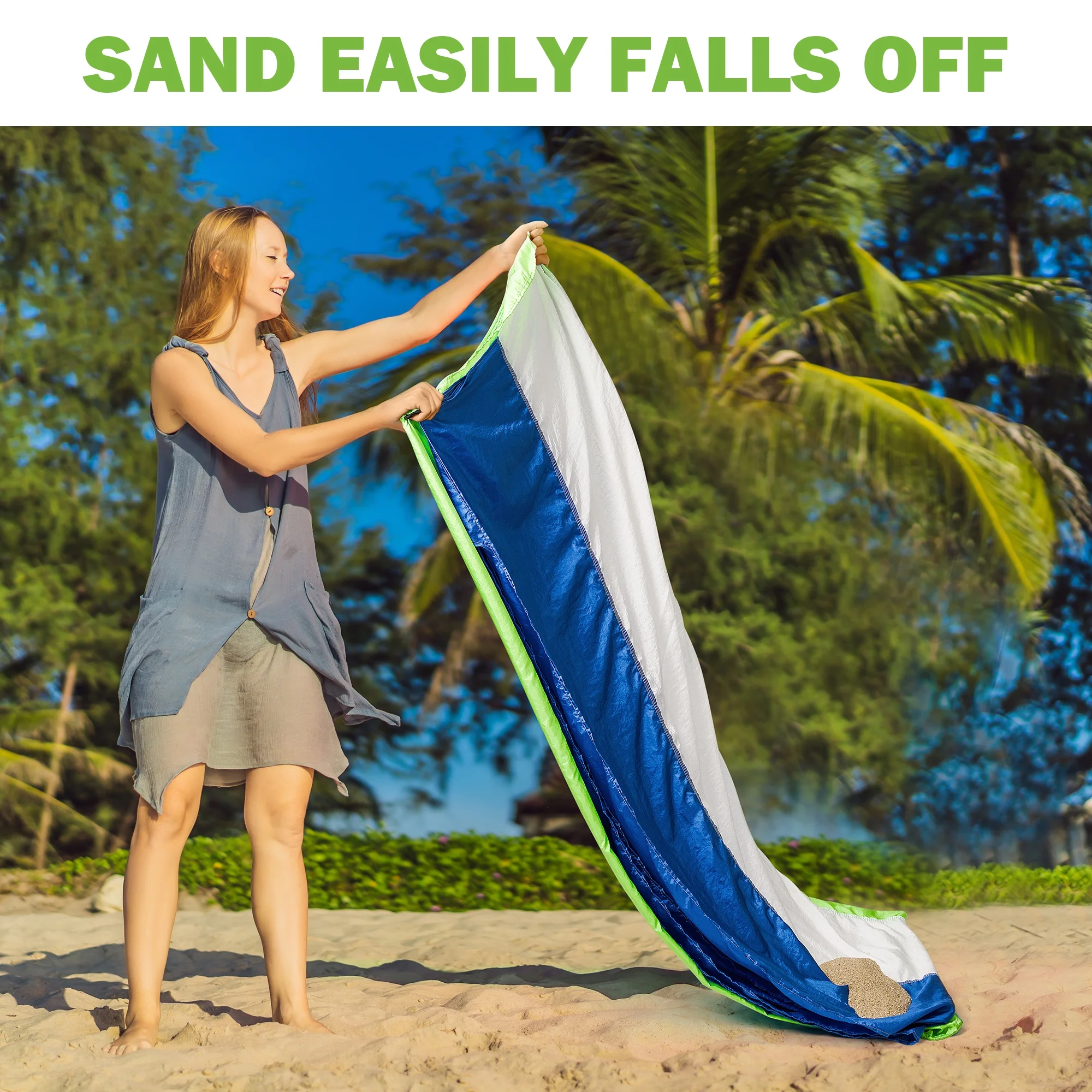 Laybax 9x10 Foot Green Beach Blanket with Retractable Umbrella Hole, Sand Pocket, and Stakes