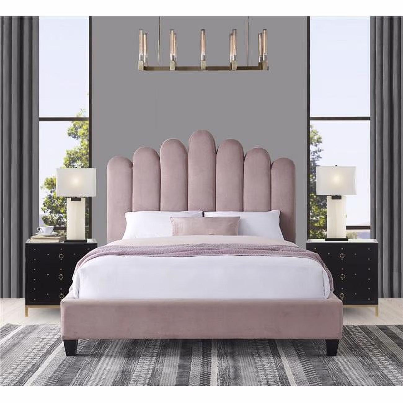 58.25 x 82.75 x 89 in. Carys Platform Bed Frame with Velvet Upholstered Vertical Channel Quilted Headboard, Blush - Queen Size