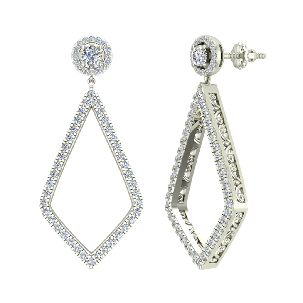 14K White Gold Diamond Dangling Earrings Kite Shape Halo Studs Screw Back ( G , SI )
