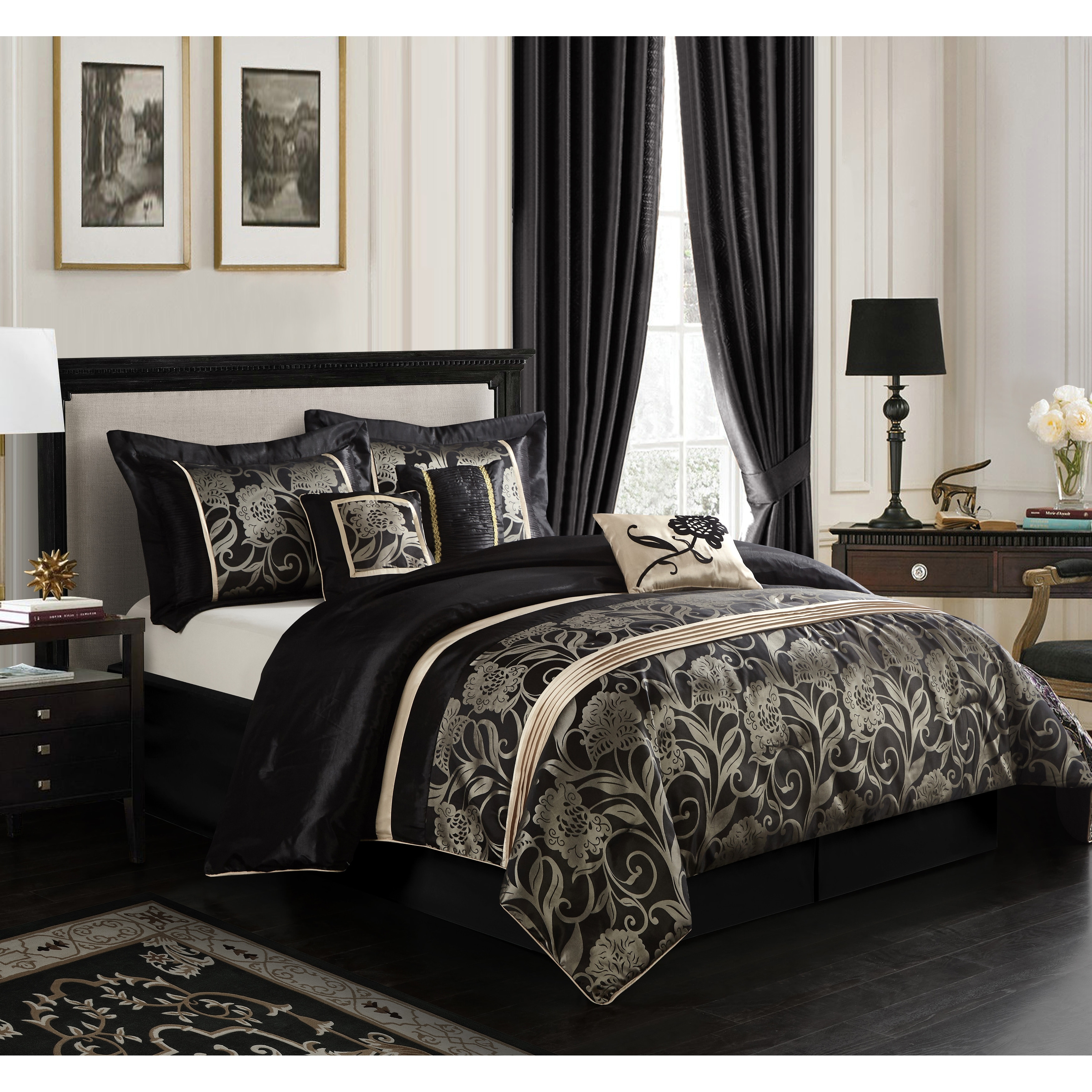 Nanshing America, Inc Grand Avenue Brie Silver and Black 7-Piece Comforter Set Black/Silver California King Jacquard, Floral