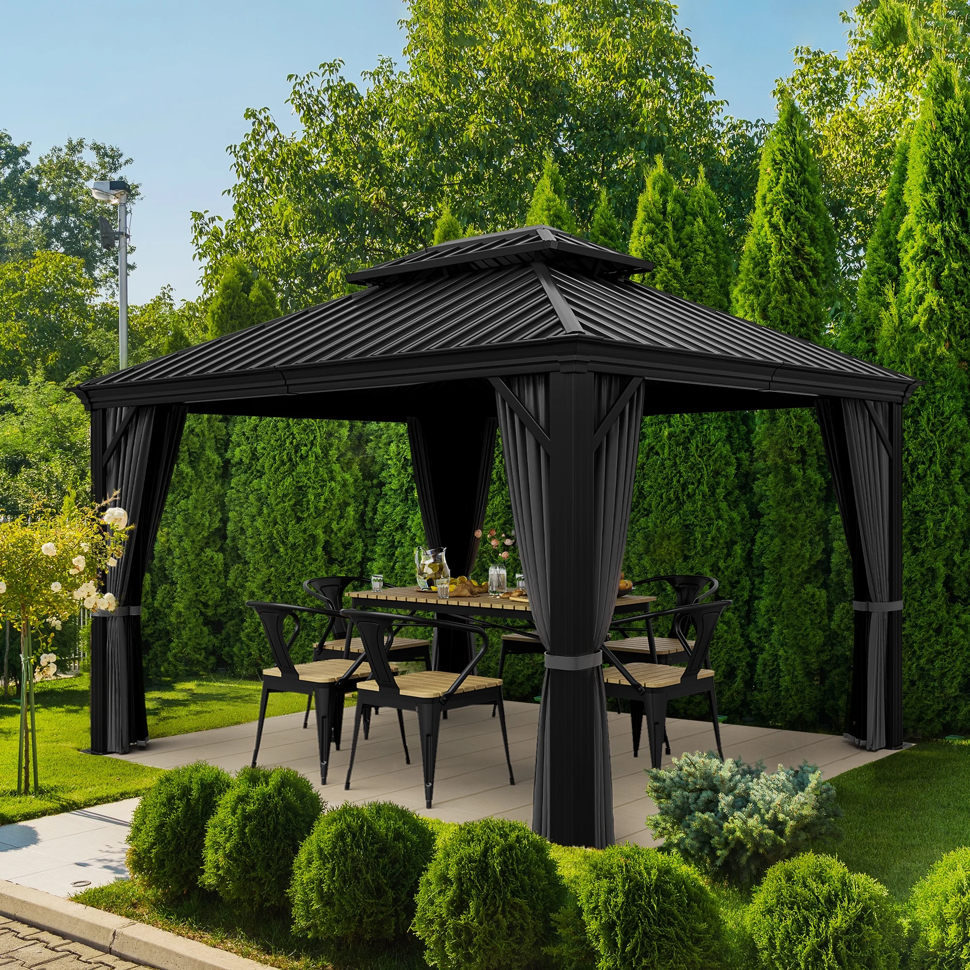 EGEIROS LIFE 12 Ft. W X 10 Ft. D Double Aluminum Hard Roof Patio Gazebo With Mosquito Net (Gray)