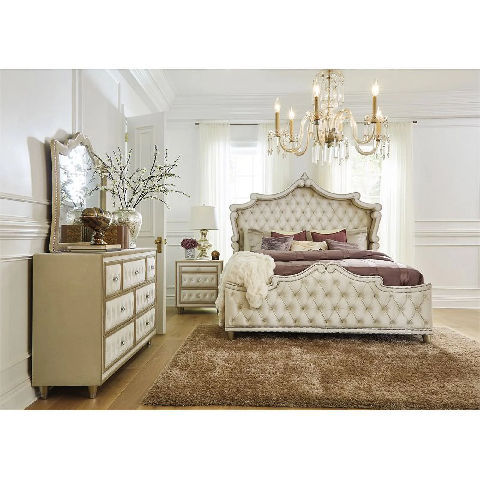 Pemberly Row 4-piece Eastern King Upholstered Velvet Bedroom Set Ivory