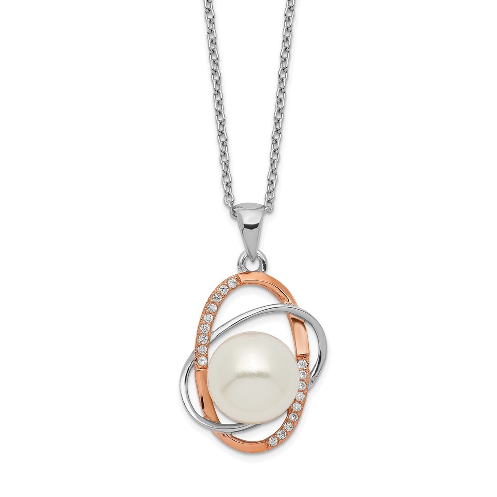 925 Sterling Silver Rhod pt Rose tone 18k Flash pl 9 10mm Fwc Pearl CZ Cubic Zirconia Simulated Diamond Necklace 17 Inch