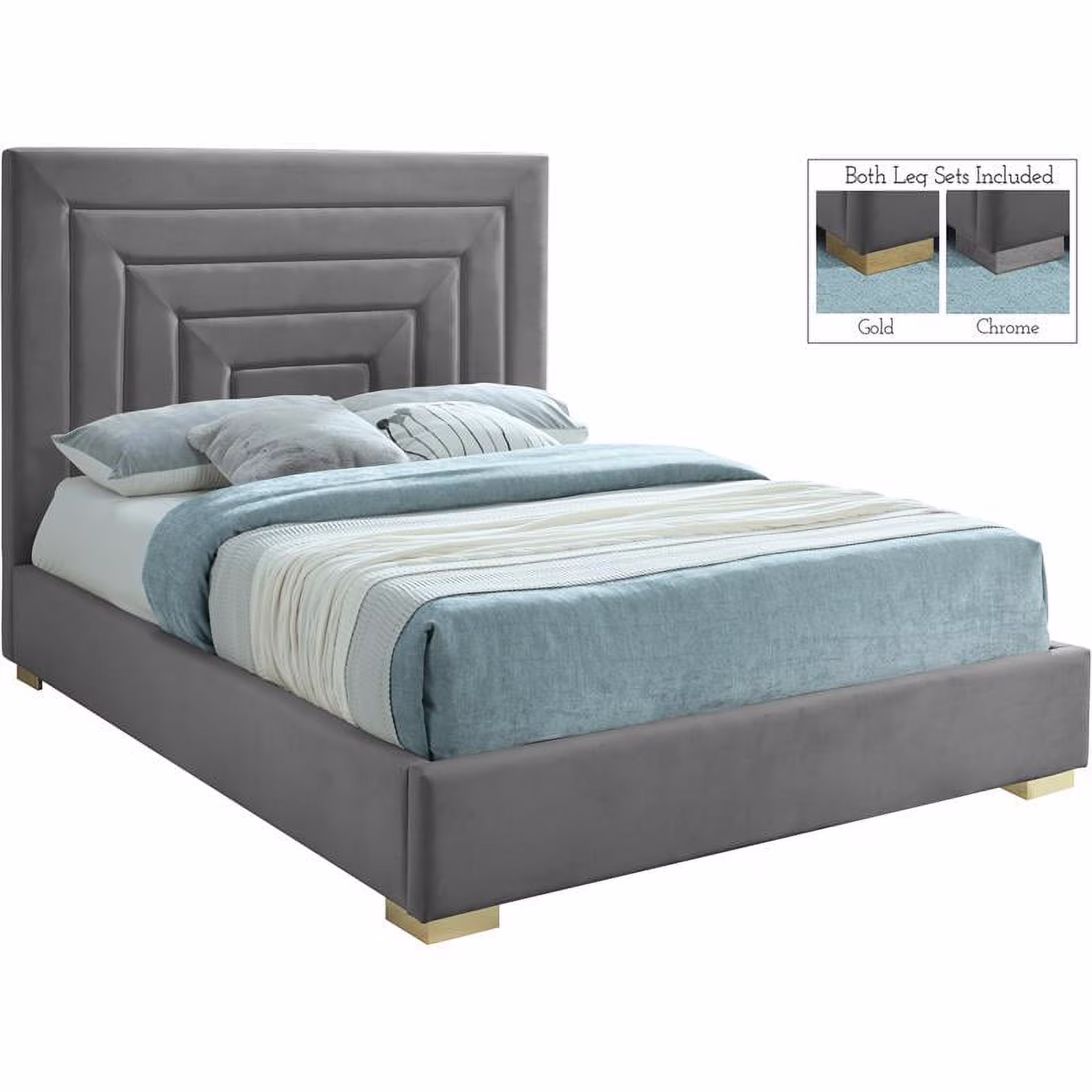 Meridian Furniture Nora Gray Velvet Queen Bed with Gold/Chrome Legs Included