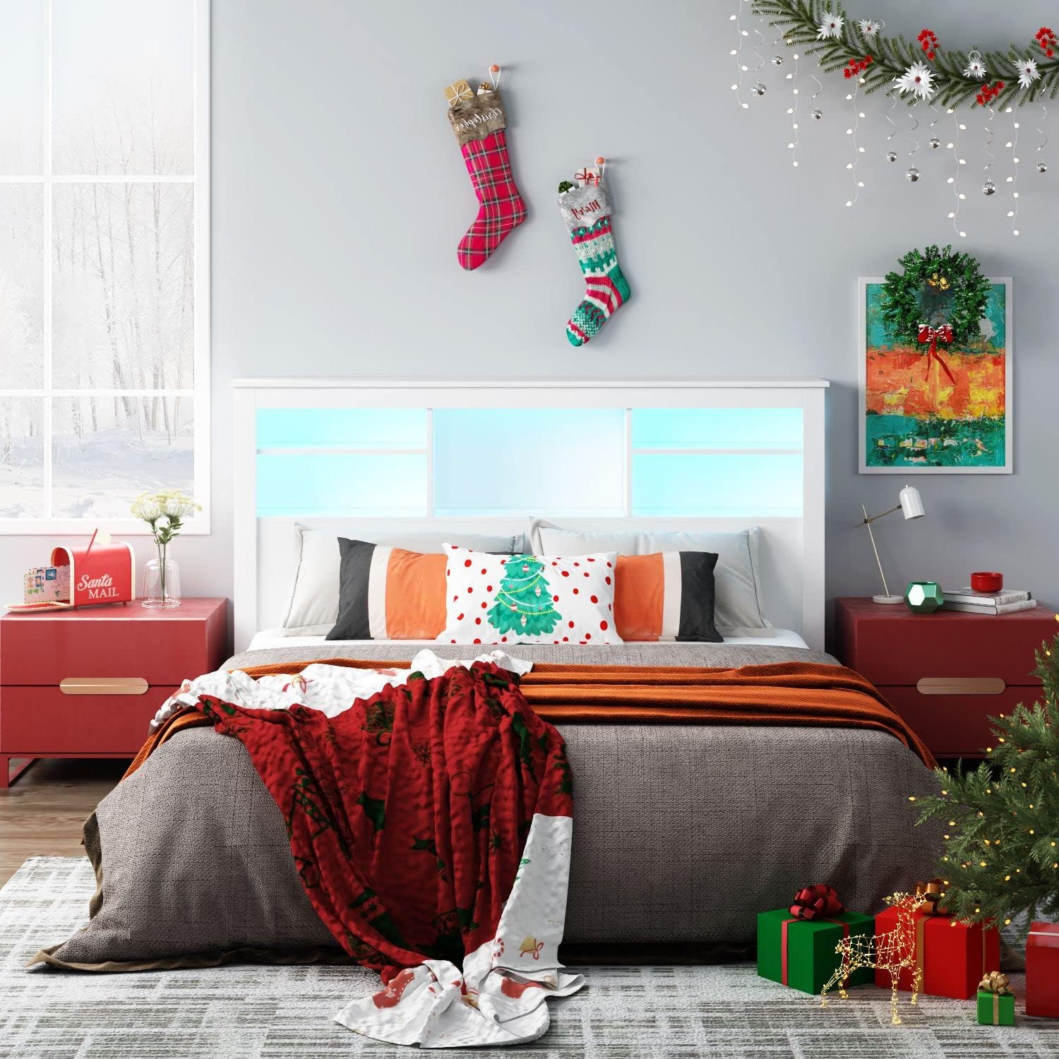 Headboard with USB Port & Storage Shelves, Queen Size Headboard with Adjustable Light & Remote, for Full/Queen Size, for Bedroom White (65”W x 11.4”D x 43”H)