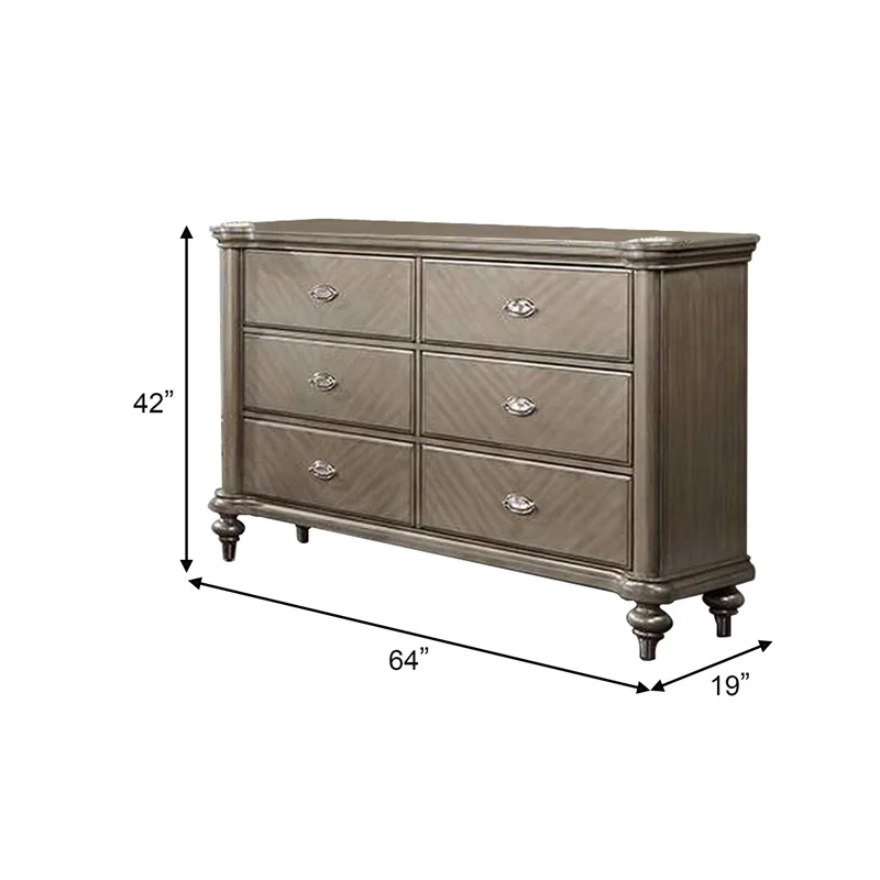 BenJara BM284355 64 in. Ada Pine Wood Chevron Pattern Classic 6 Drawer Dresser, Brown