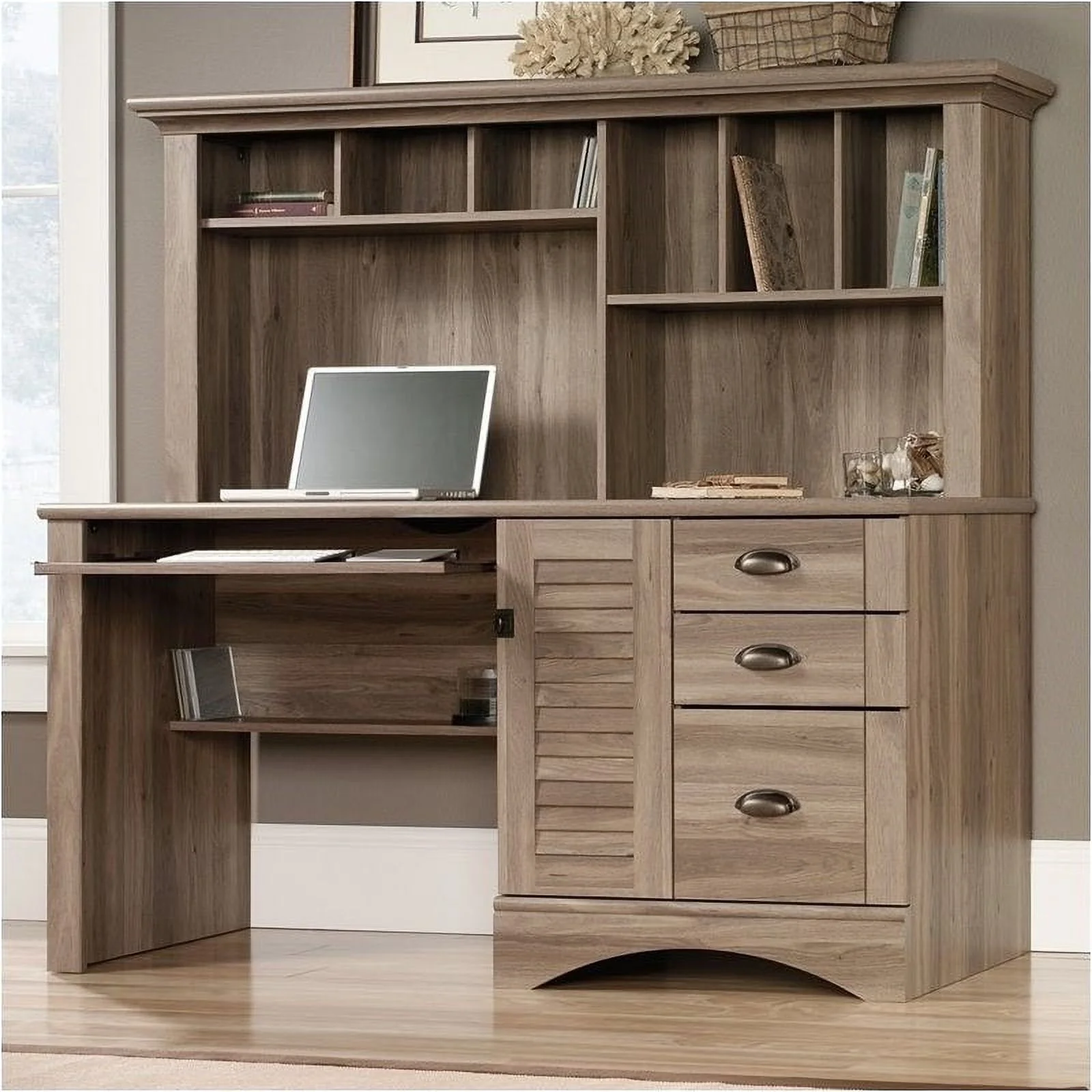 Pemberly Row Modern Wood Computer Desk with Hutch in Salt Oak
