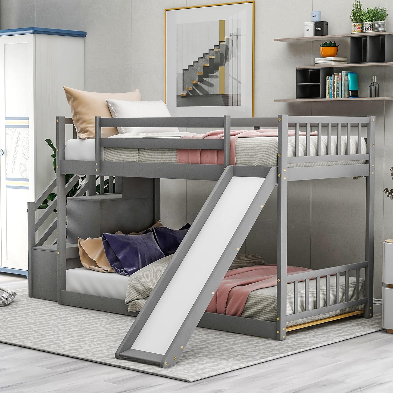 Kids Bunk Bed With Stairs, Over Bunk Bed With Stairs And Slide, Low Bunk Bed For Toddlers Wood, Bunk+Bed+With+Slide, Grey