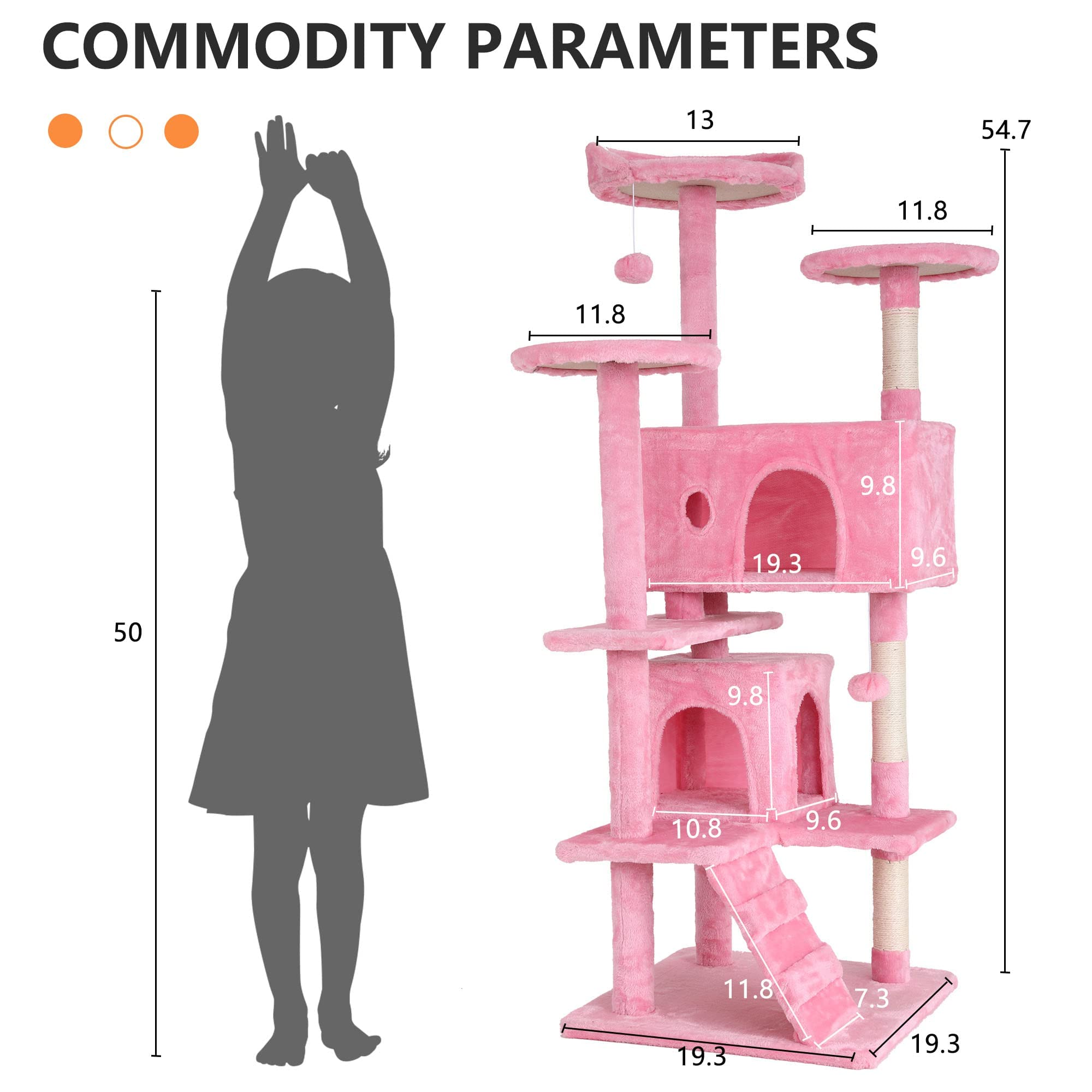 Pink 54in Cat Tree Tower for Indoor Cats,Multi-Level Cat Furniture Activity Center with Cat Scratching Posts Stand House Cat Condo with Funny Toys for Kittens Pet Play House