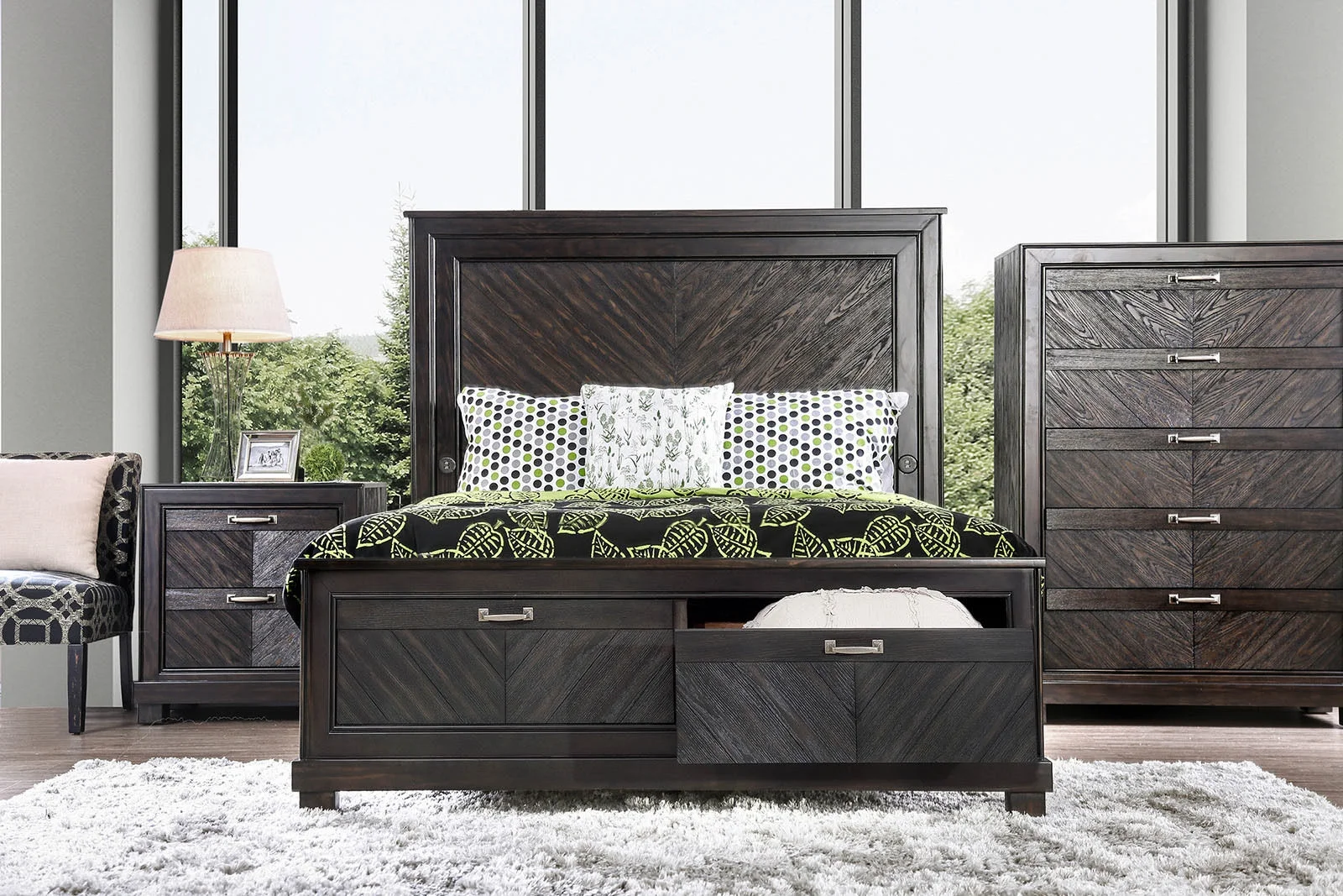 Transitional Look Espresso Solid wood Eastern King Size Bed 1pc Plank Design High HB Drawers FB Bedroom Furniture Veneers