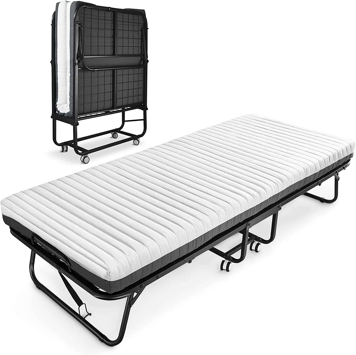 Folding Bed with Luxurious Memory Foam Mattress, Portable  Roll Away Adult Bed for Guest, Space Saving Fold Up Soft Mattress Bed for Easy Storage, 75