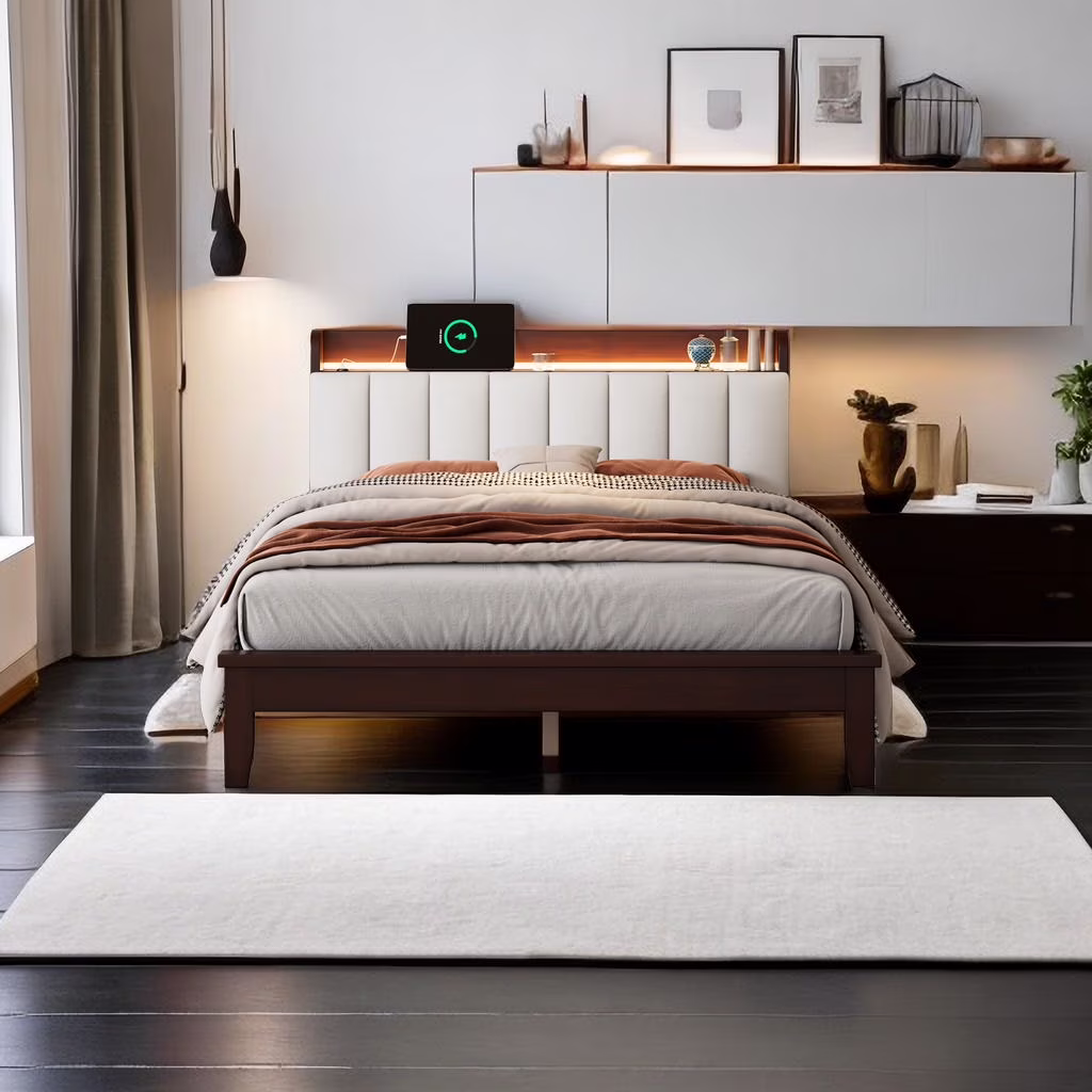 Platform Bed, Queen Size LED Wood Bed Frame with USB Charging Station and Storage Upholstered Headboard, Wood Slat Support, No Box Spring Needed, Easy Assembly