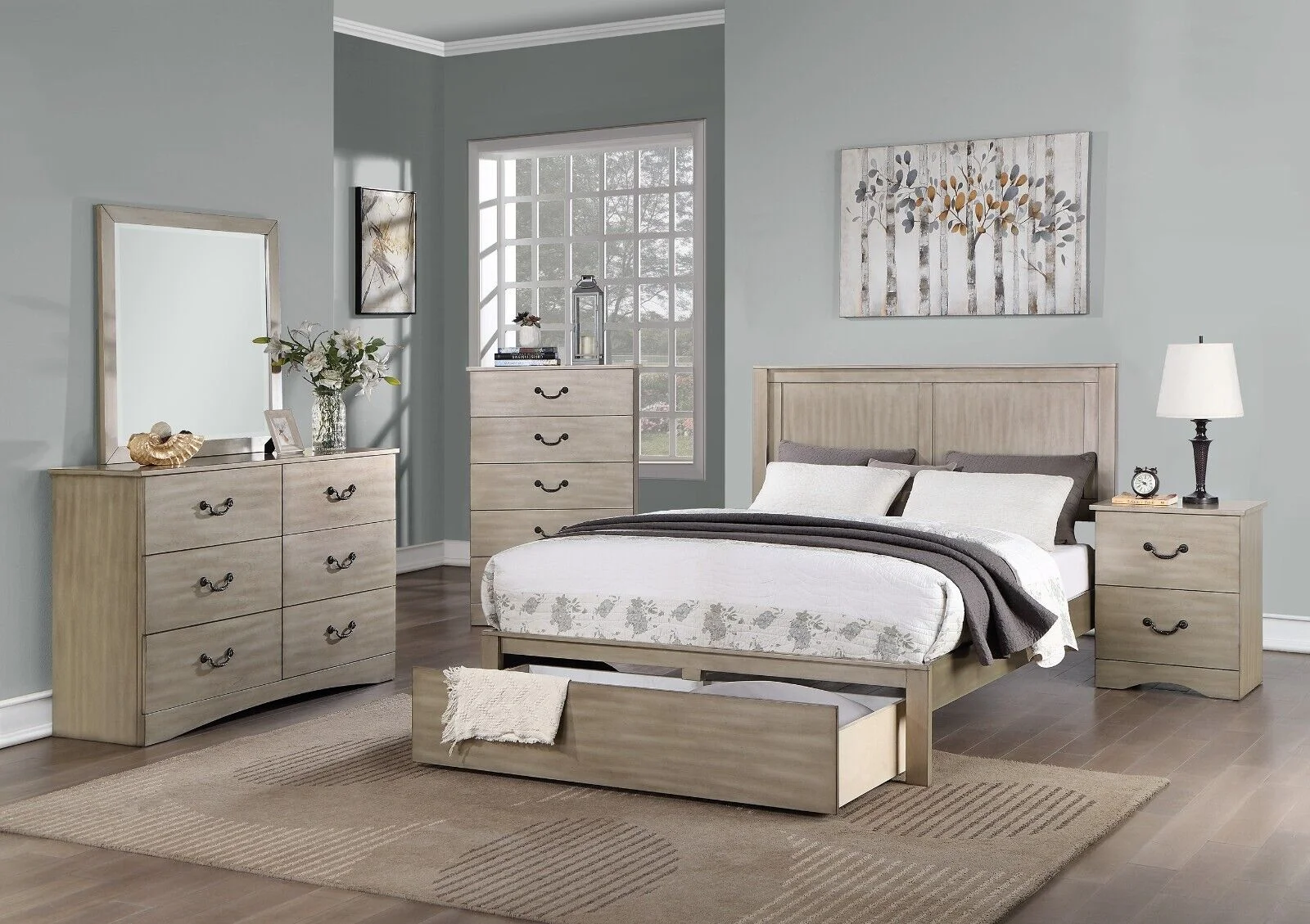 6pc Bedroom Set Classic Chic Queen Size Bed w underbed Drawer Dresser Mirror Nightstands Chest Light Tan Finish Hue Furniture