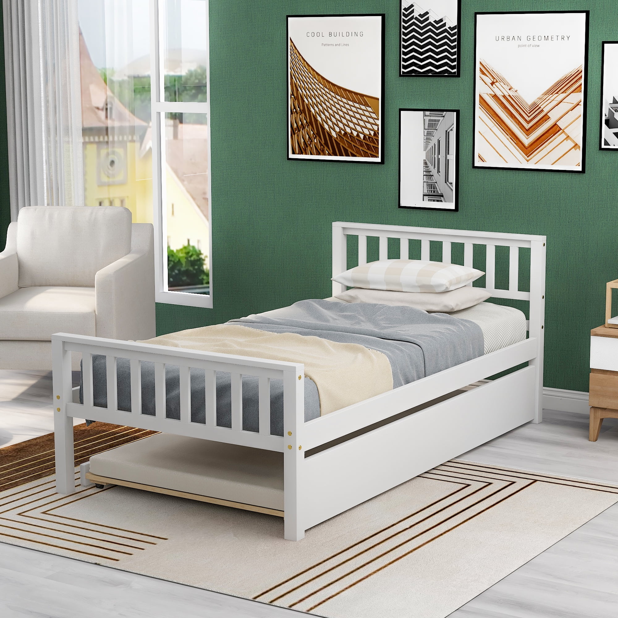 iRerts White Wood Platform Bed Frame with Trundle, Kids Daybed with Headboard and Footboard for Boys Girls Sleepovers