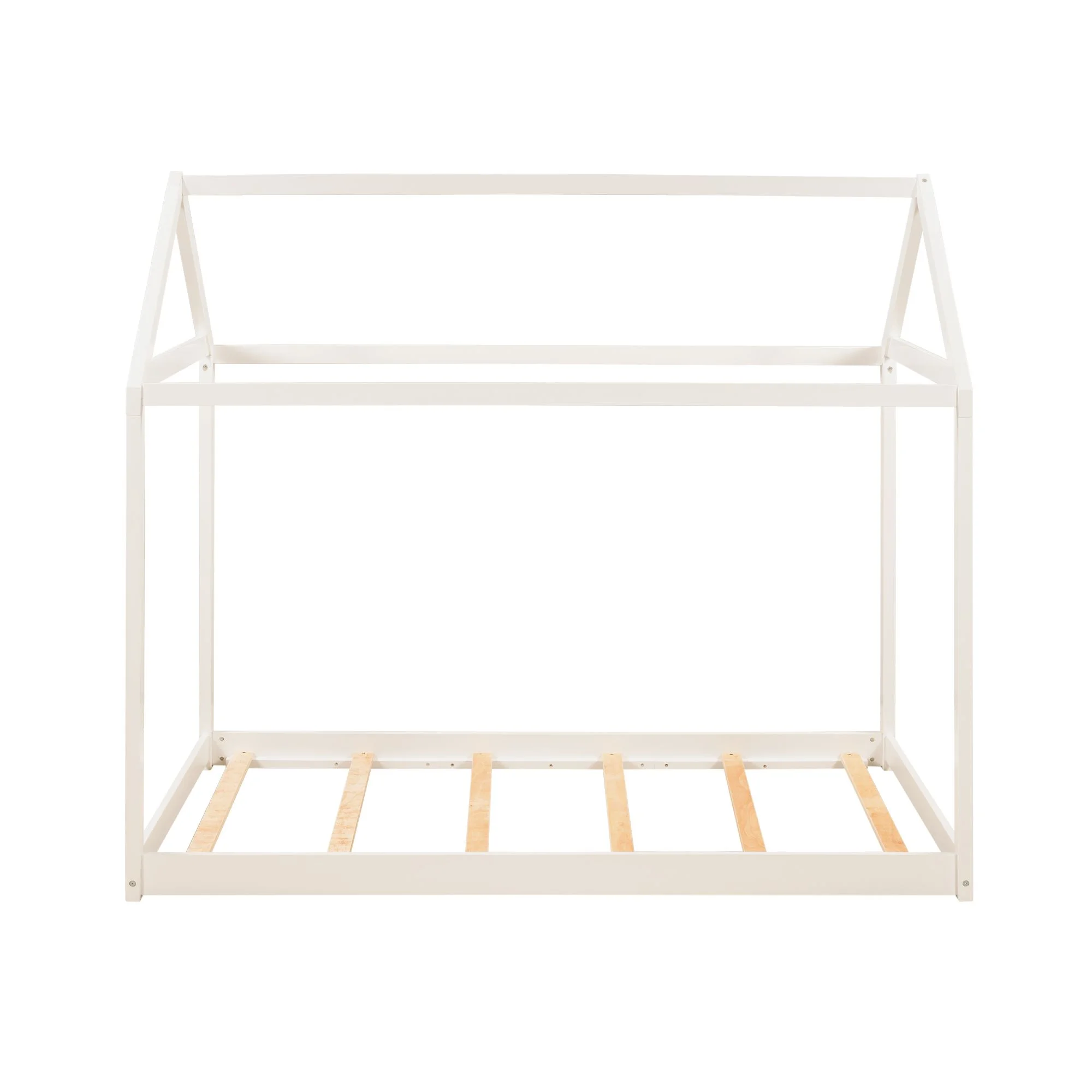 Gewnee Wood Twin Size Kids House Bed Frame,Montessori Floor Bed for Toddler,White