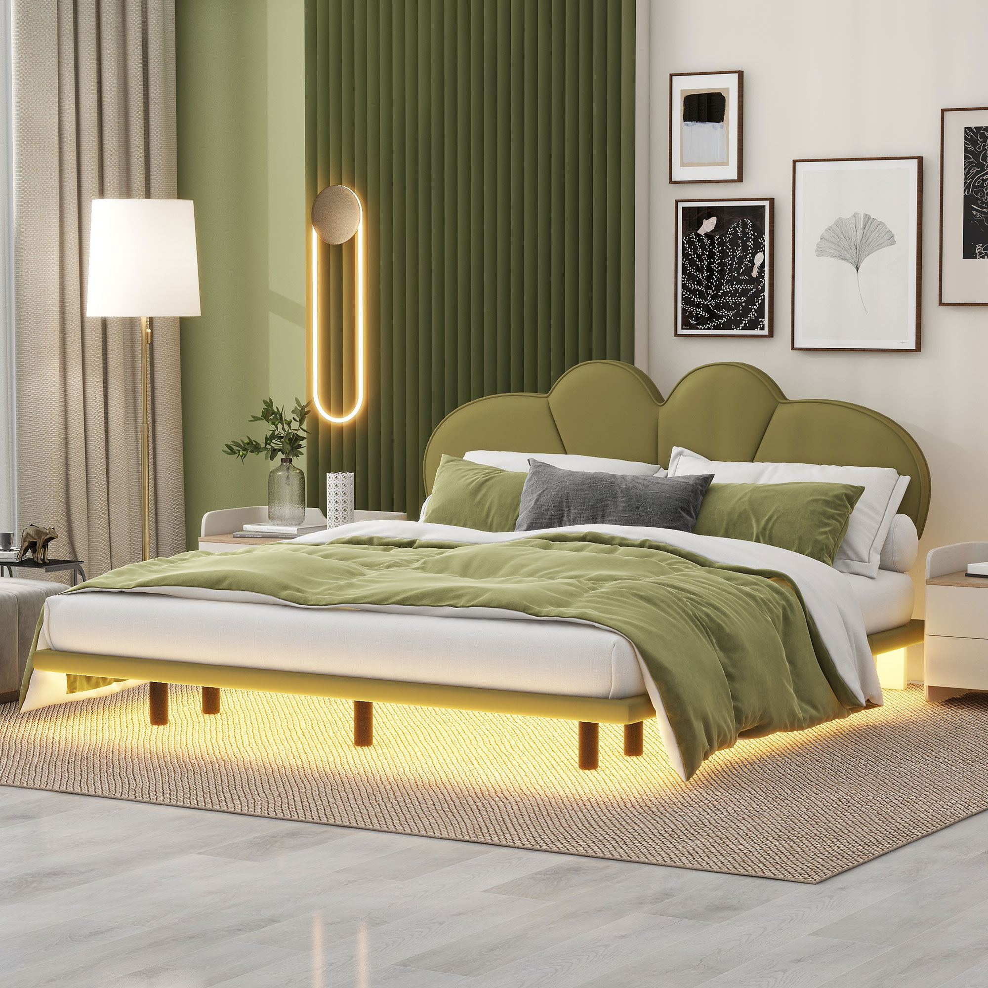 Queen Size Canopy Bed Frame - Upholstery Platform Bed with PU Leather Headboard, Support Legs,and LED Light-Green